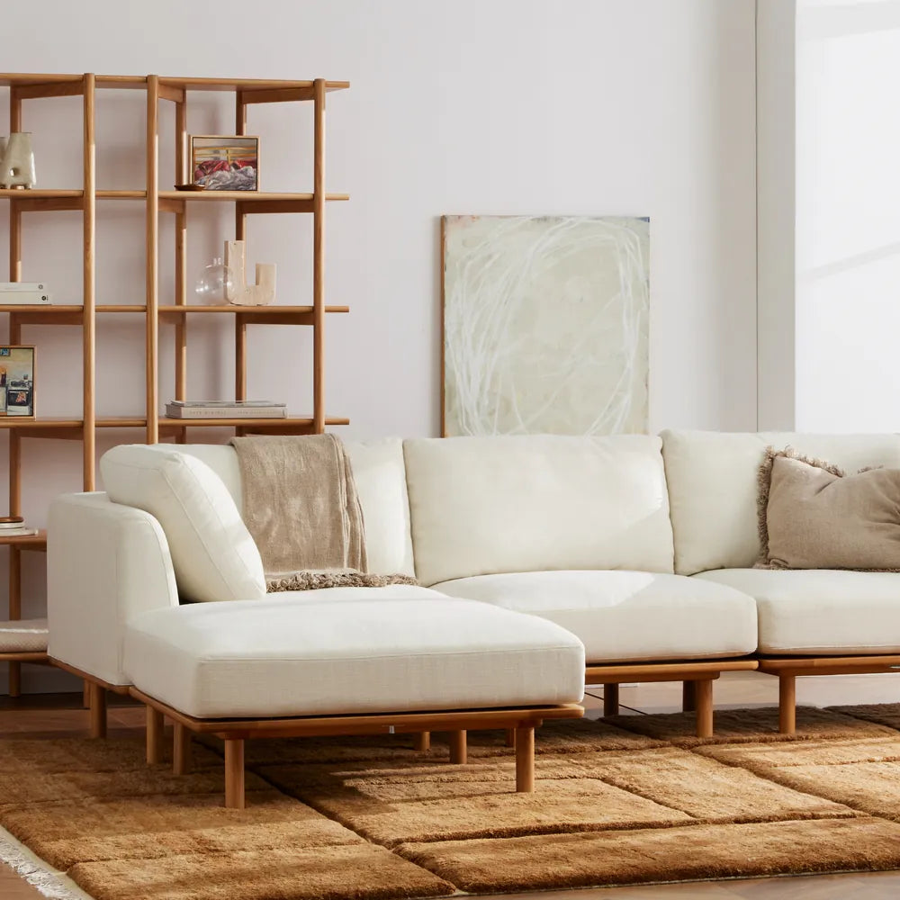 Anika Modular Sofa 4-Seater Chaise Bone White Fabric Solid American Oak