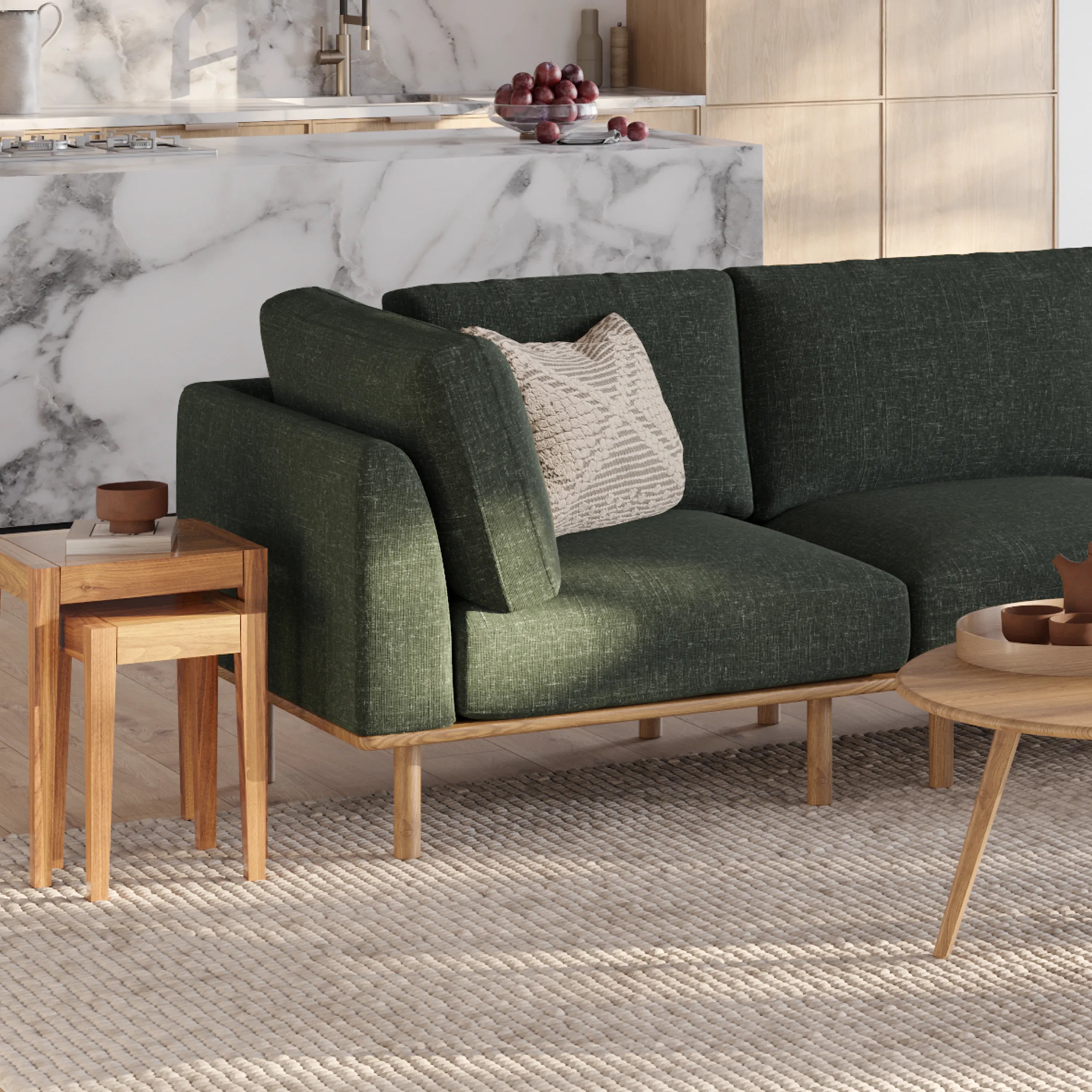 Anika Modular Sofa 4-Seater Corner Olive Green Fabric Solid American Oak
