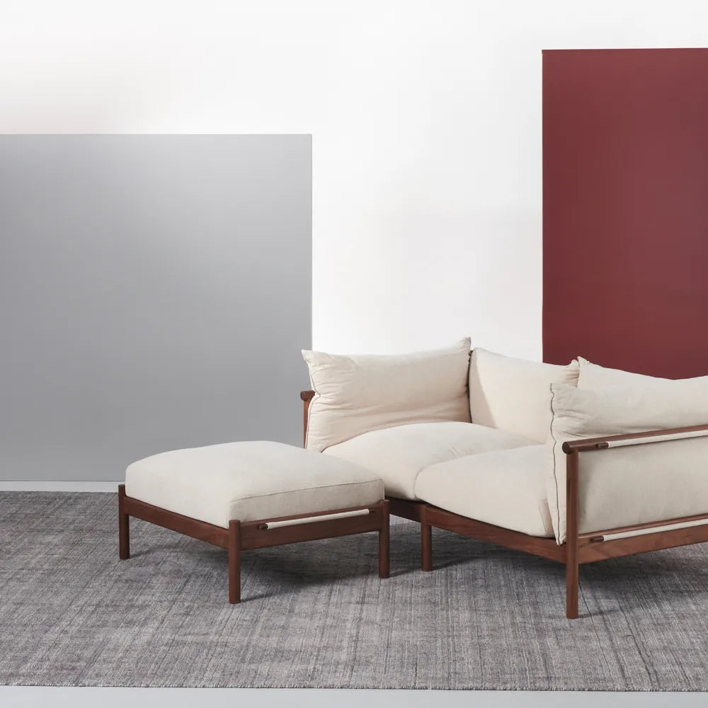 Olivia Ottoman Sand Beige Velvet Solid American Walnut