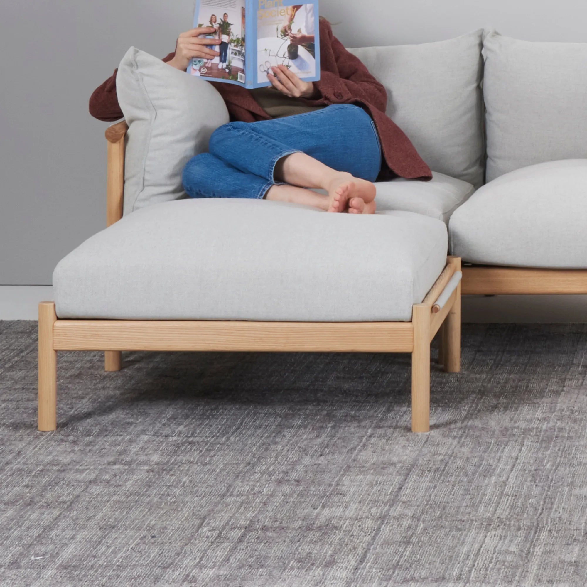 Olivia Ottoman Soft Gray Fabric Solid American Oak