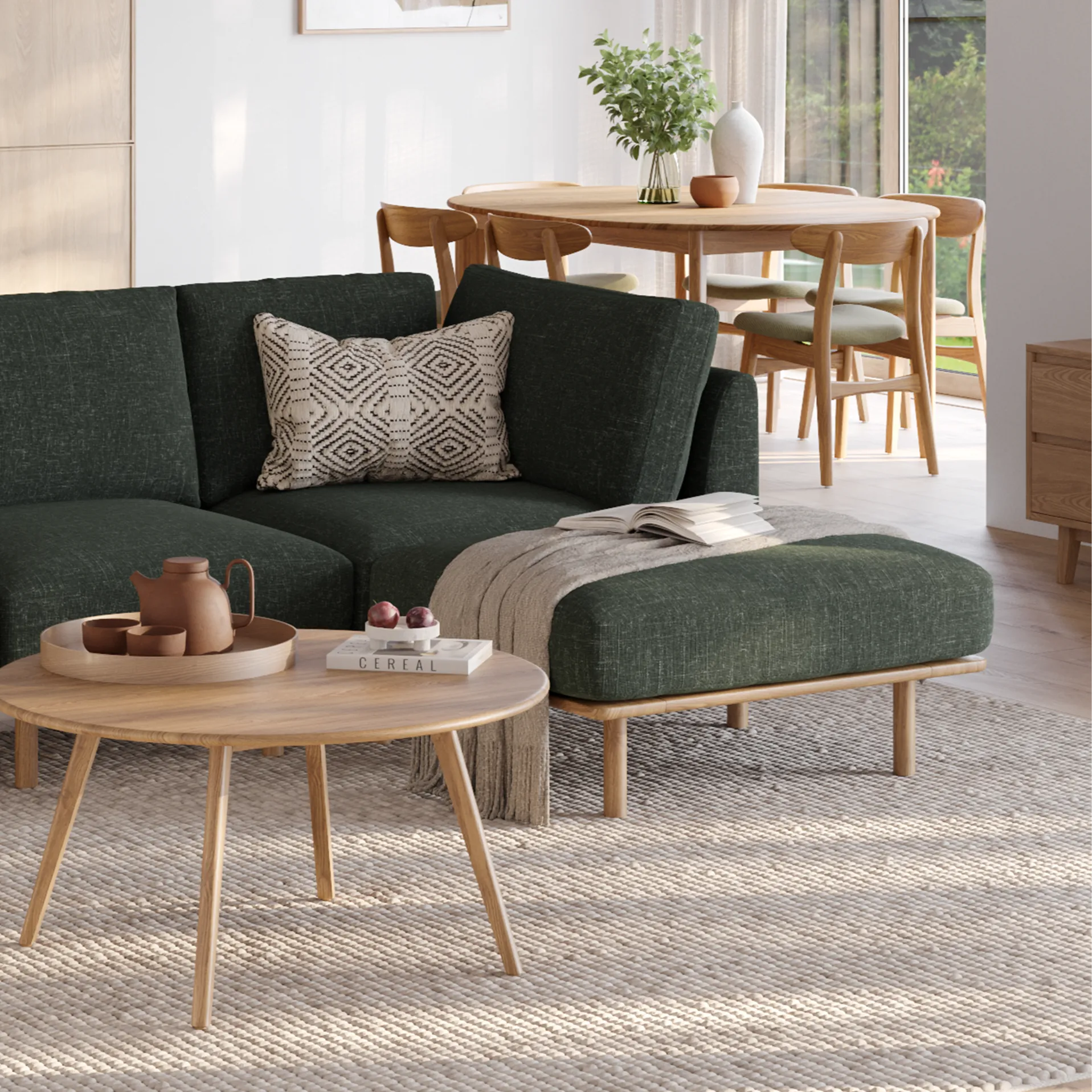 Anika Modular Sofa 2-Seater Chaise Olive Green Fabric Solid American Oak