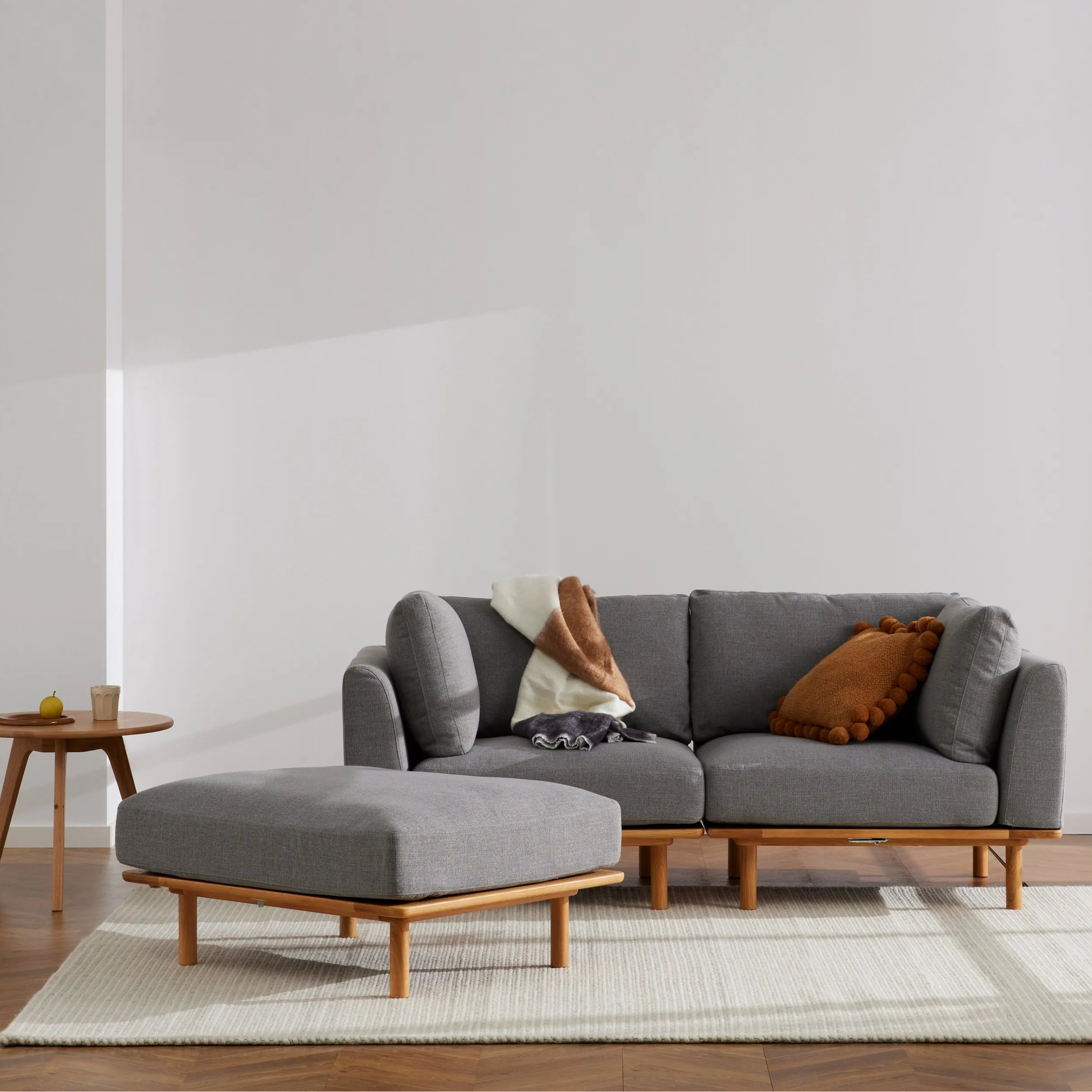 Anika Modular Sofa 2-Seater Chaise Steel Gray Fabric Solid American Oak