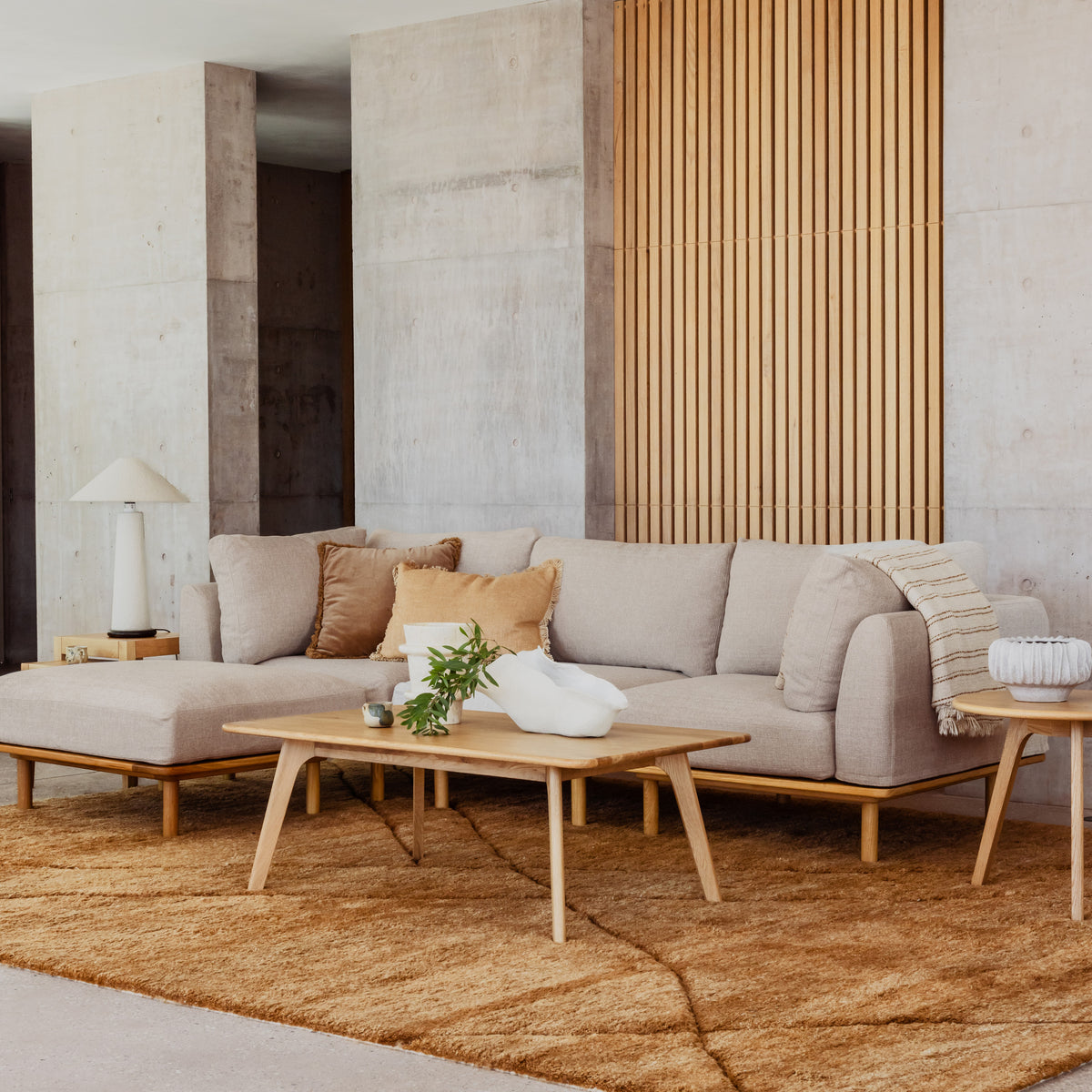 SAVE 40% Anika Modular Sofa - Solid American White Oak - 3-Seater Chaise in Ivory Beige Fabric - IconByDesign
