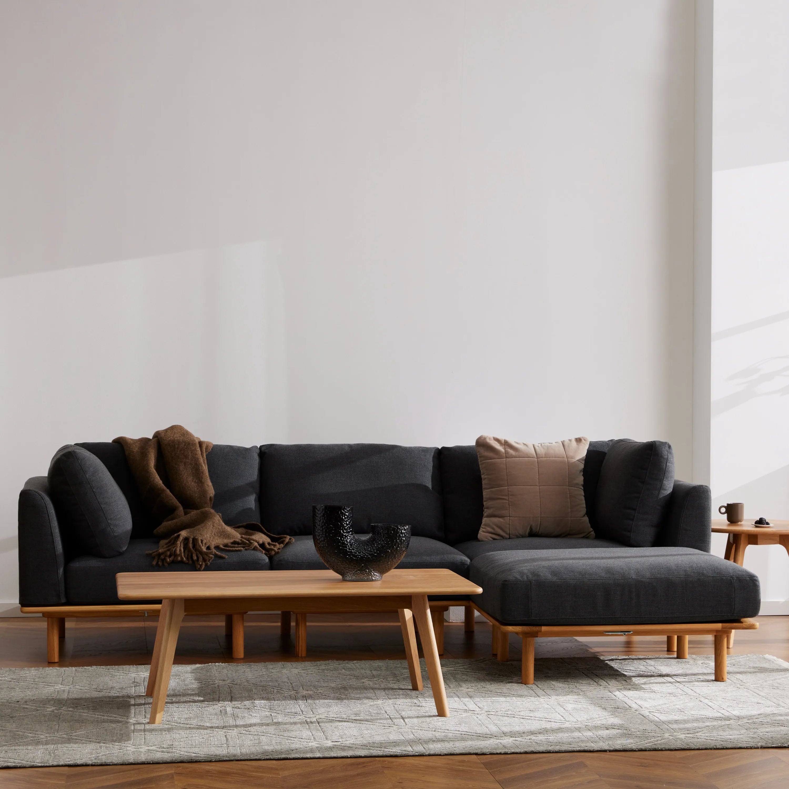 Anika Modular Sofa 3-Seater Chaise Coal Gray Fabric Solid American Oak