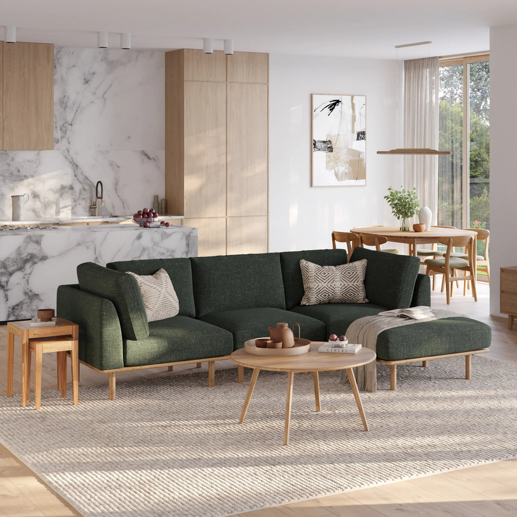 Anika Modular Sofa 3-Seater Chaise Olive Green Fabric Solid American Oak