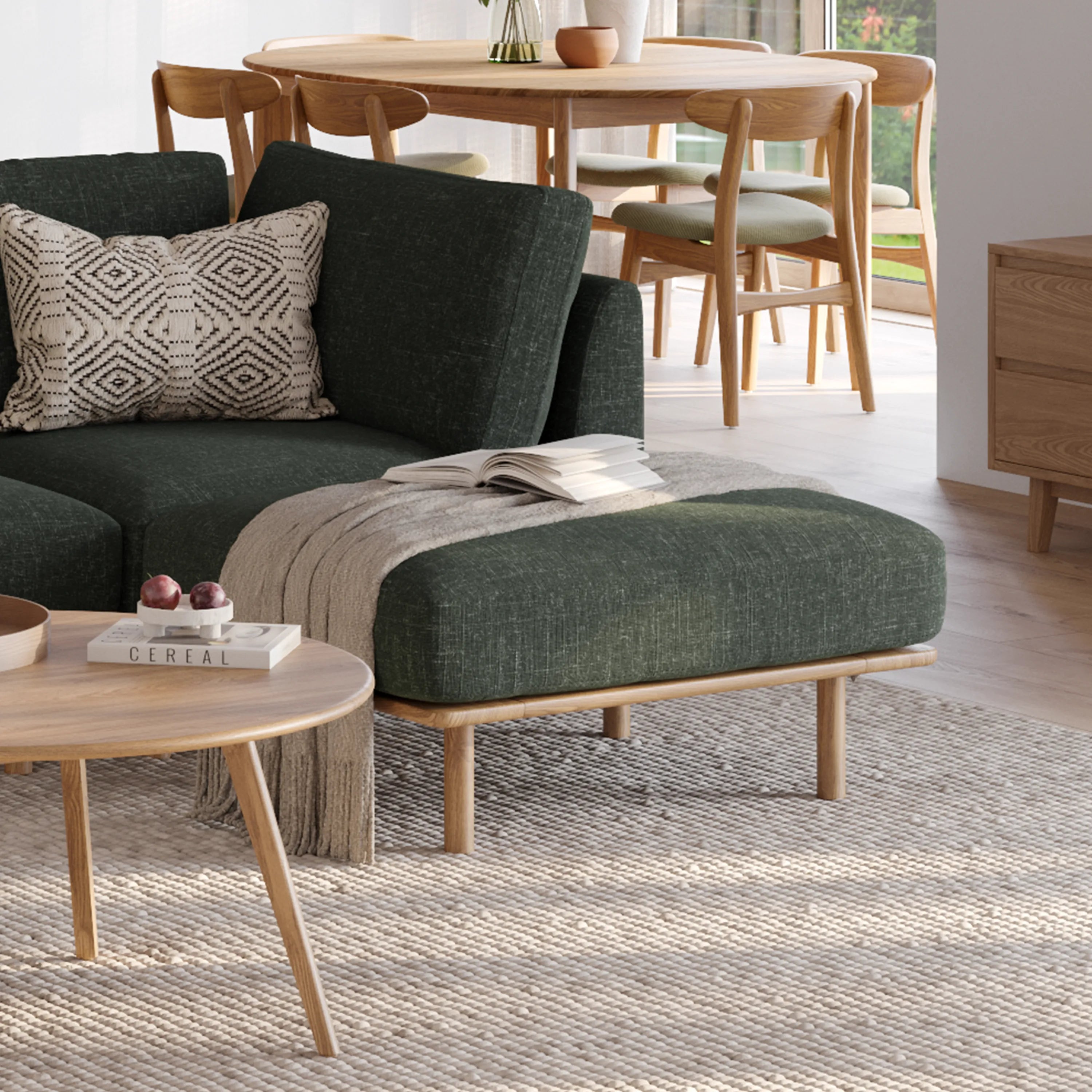 Anika Modular Sofa 3-Seater Chaise Olive Green Fabric Solid American Oak