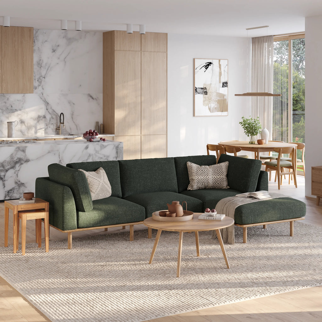 Anika Modular Sofa 3-Seater Chaise Olive Green Fabric Solid American Oak