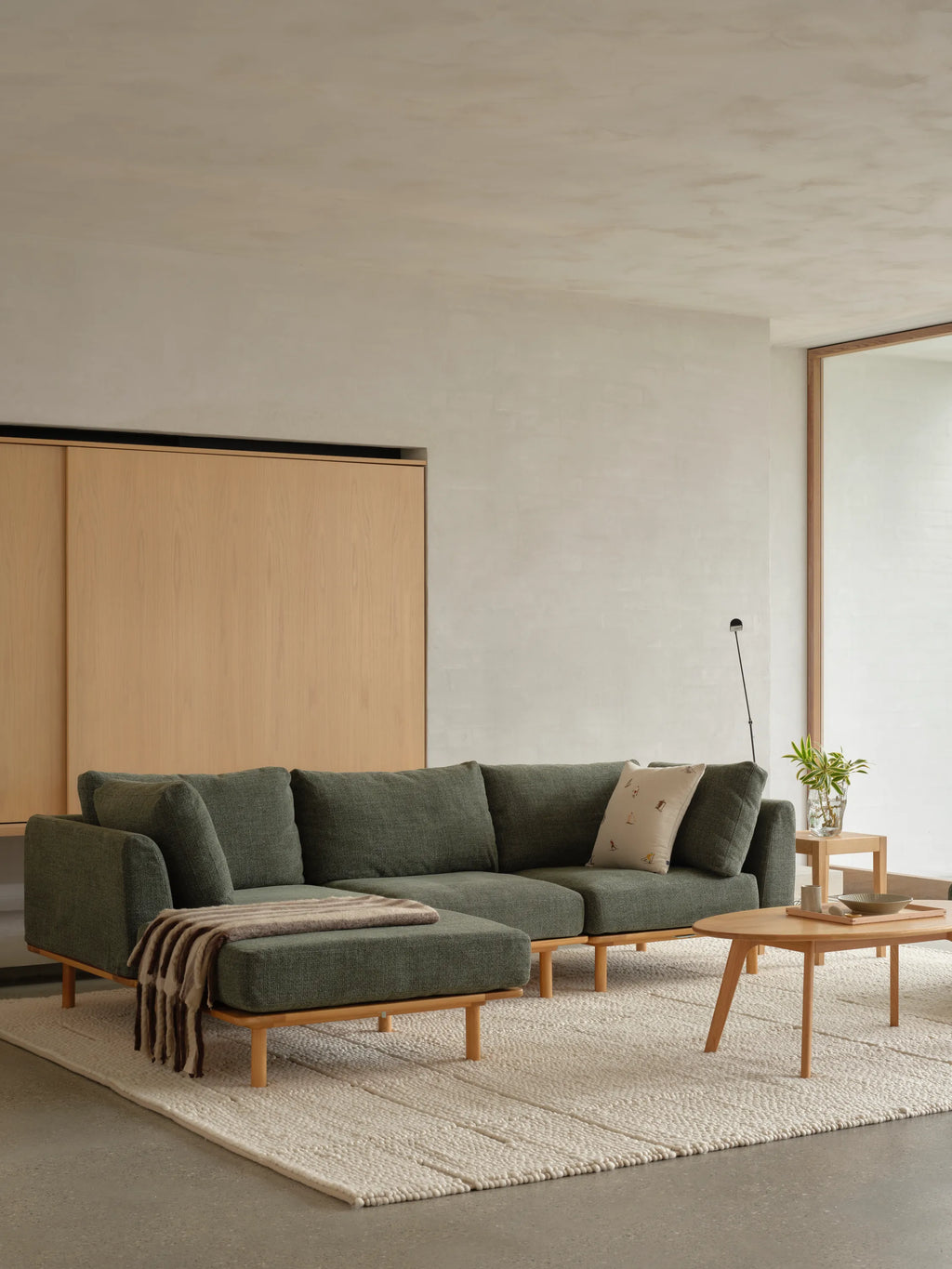 Anika Modular Sofa 3-Seater Chaise Olive Green Fabric Solid American Oak