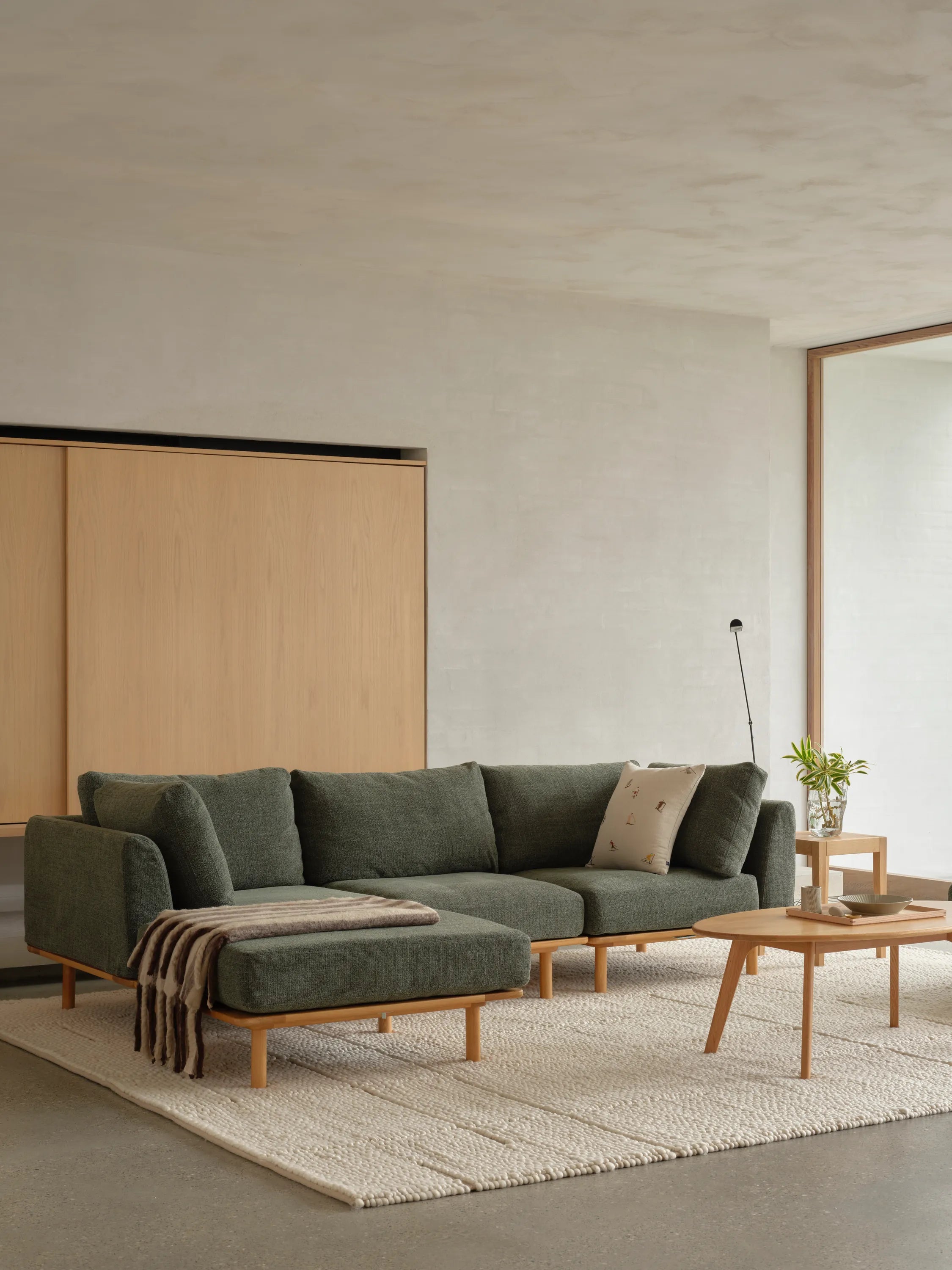 Anika Modular Sofa 3-Seater Chaise Olive Green Fabric Solid American Oak