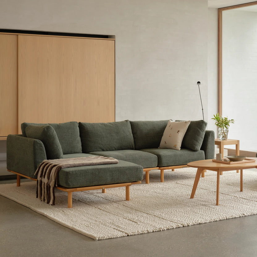 Anika Modular Sofa 3-Seater Chaise Olive Green Fabric Solid American Oak