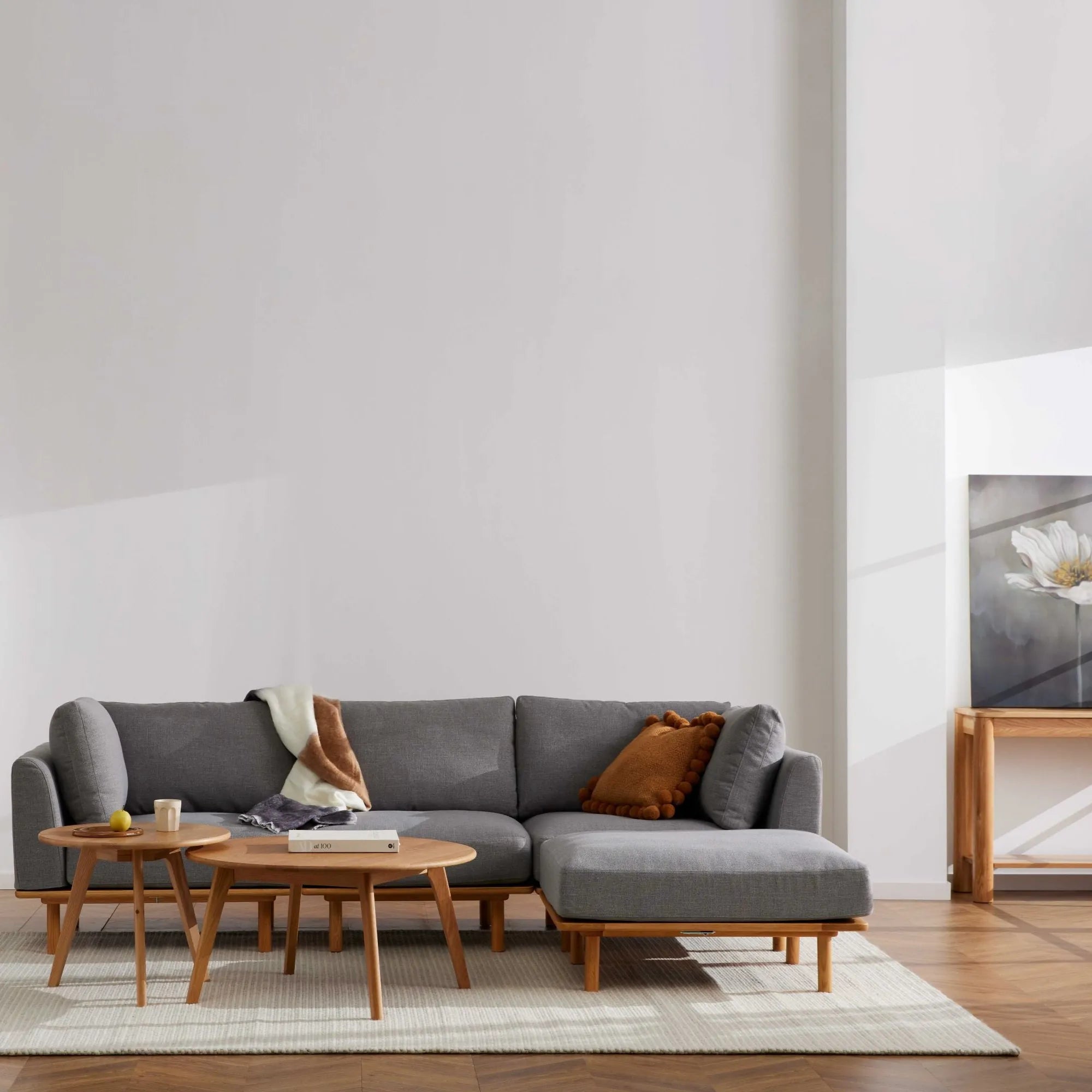 Anika Modular Sofa 3-Seater Chaise Steel Gray Fabric Solid American Oak