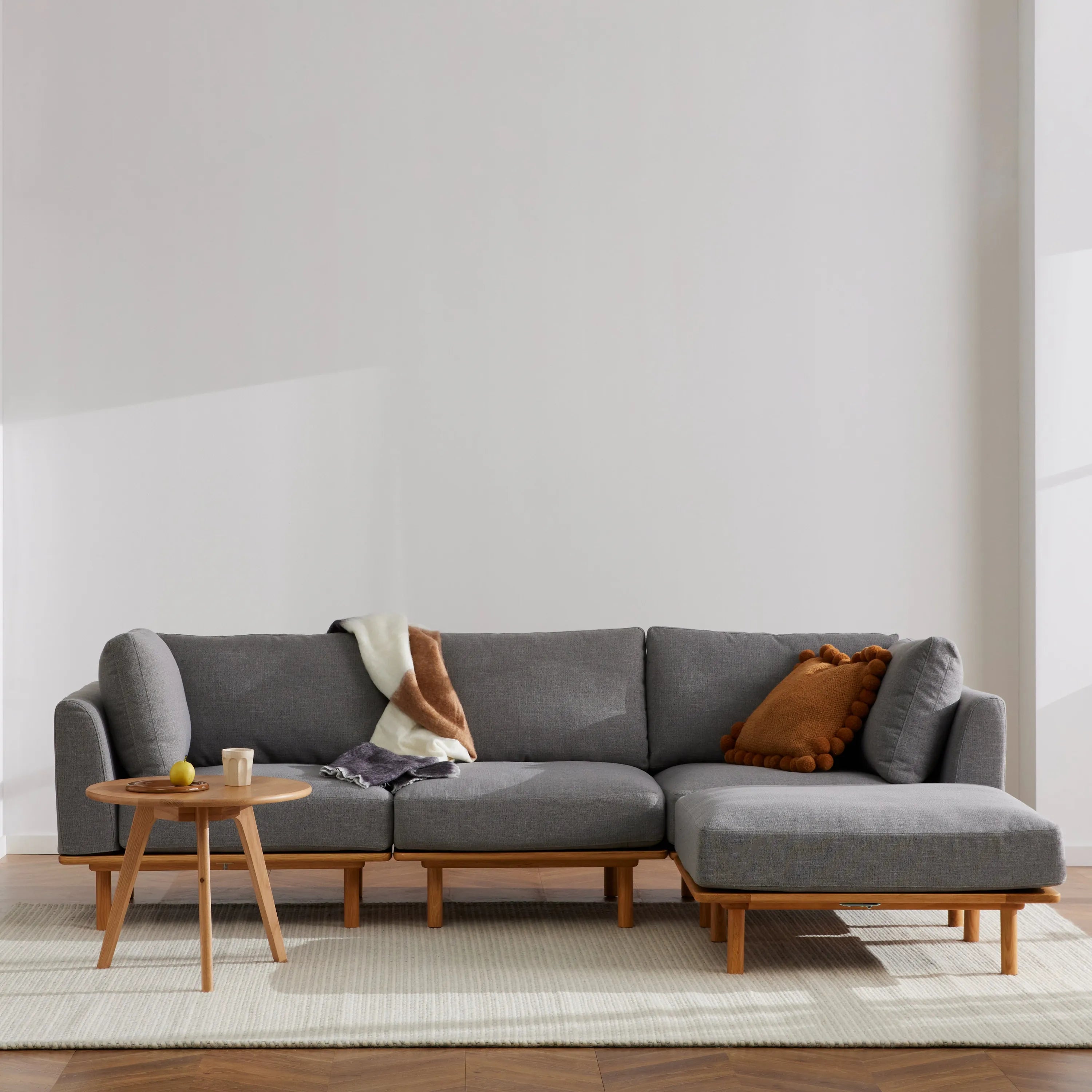 Anika Modular Sofa 3-Seater Chaise Steel Gray Fabric Solid American Oak