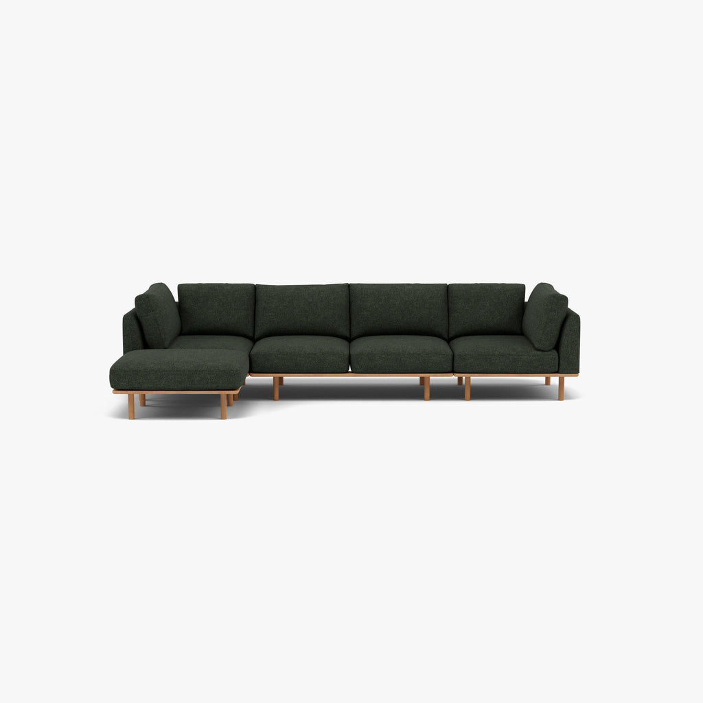 Anika Modular Sofa 4-Seater Chaise Olive Green Fabric Solid American Oak