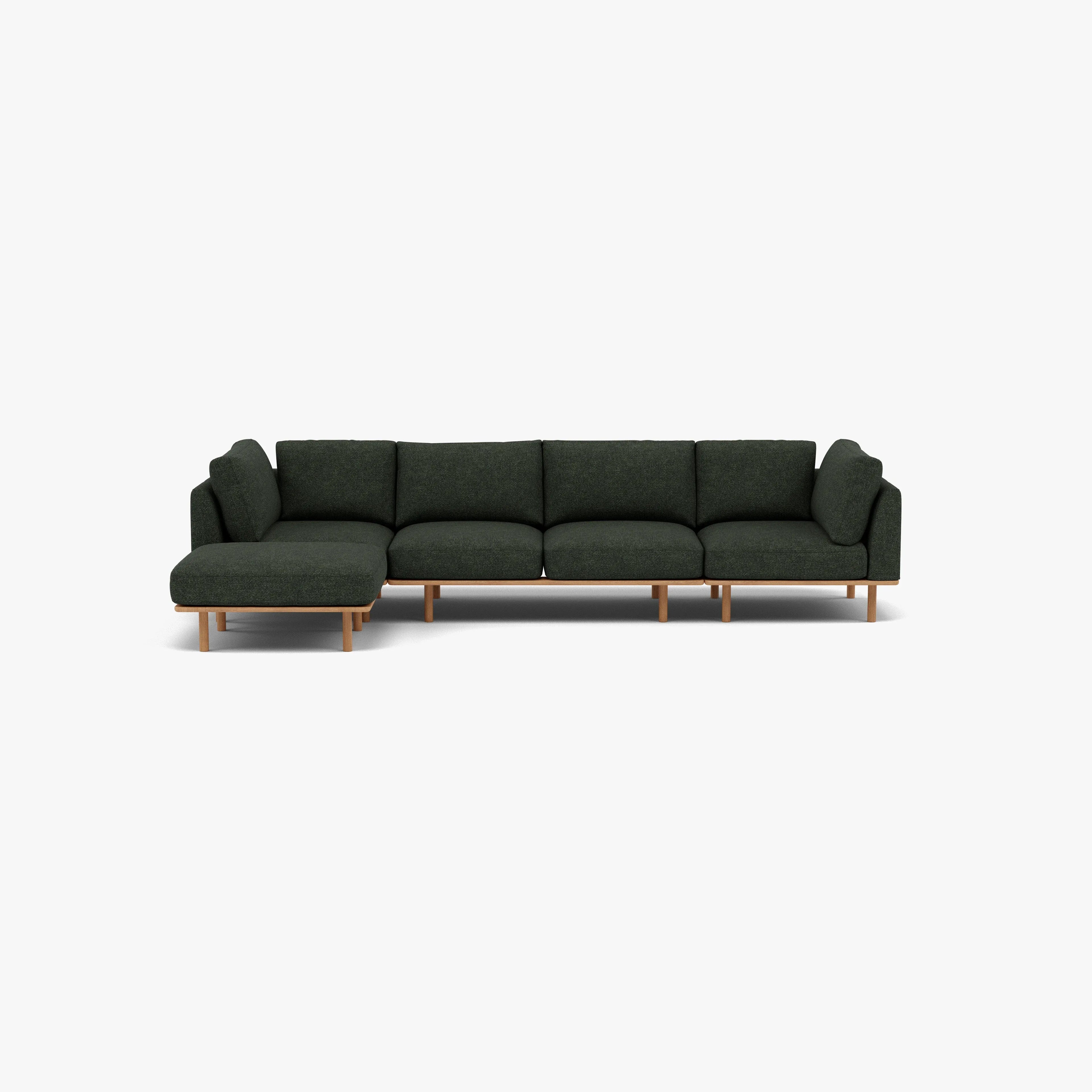 Anika Modular Sofa 4-Seater Chaise Olive Green Fabric Solid American Oak