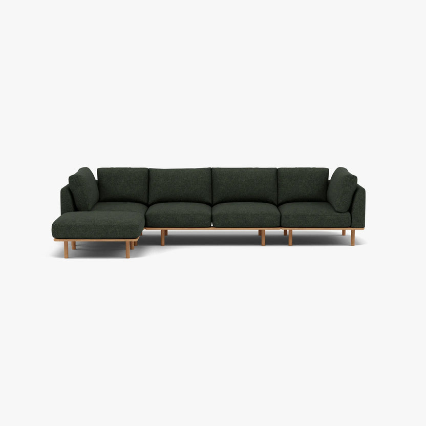 Anika Modular Sofa 4-Seater Chaise Olive Green Fabric Solid American Oak