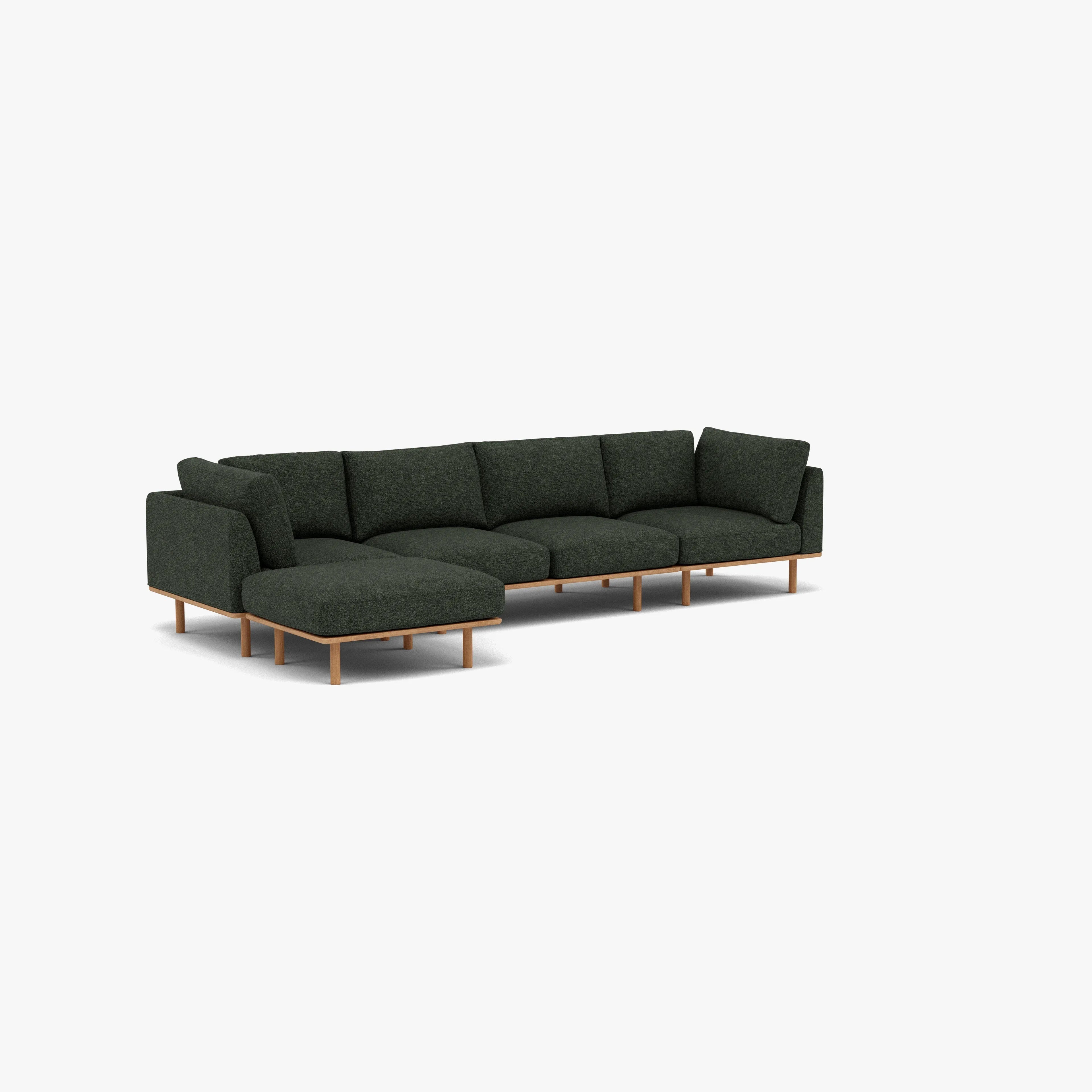 Anika Modular Sofa 4-Seater Chaise Olive Green Fabric Solid American Oak