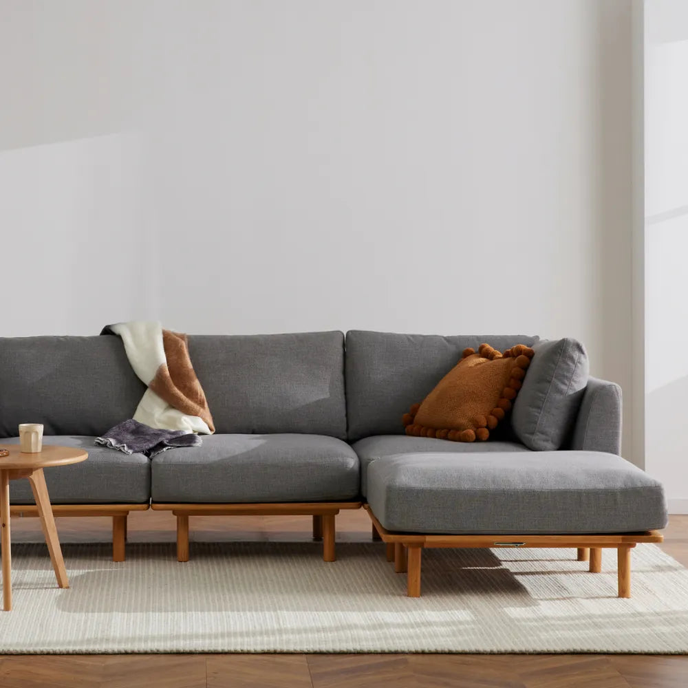 Anika Modular Sofa 4-Seater Chaise Steel Gray Fabric Solid American Oak