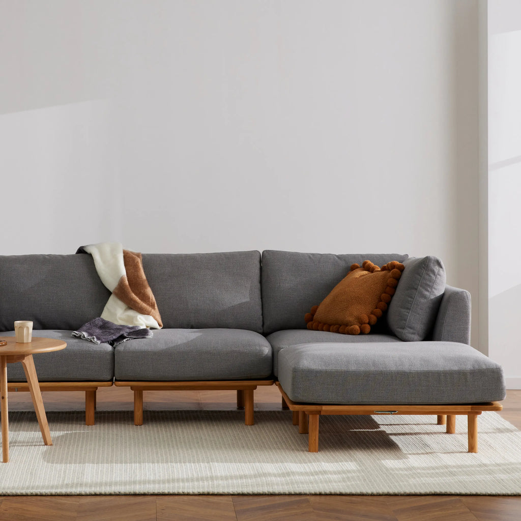 Anika Modular Sofa 4-Seater Chaise Steel Gray Fabric Solid American Oak