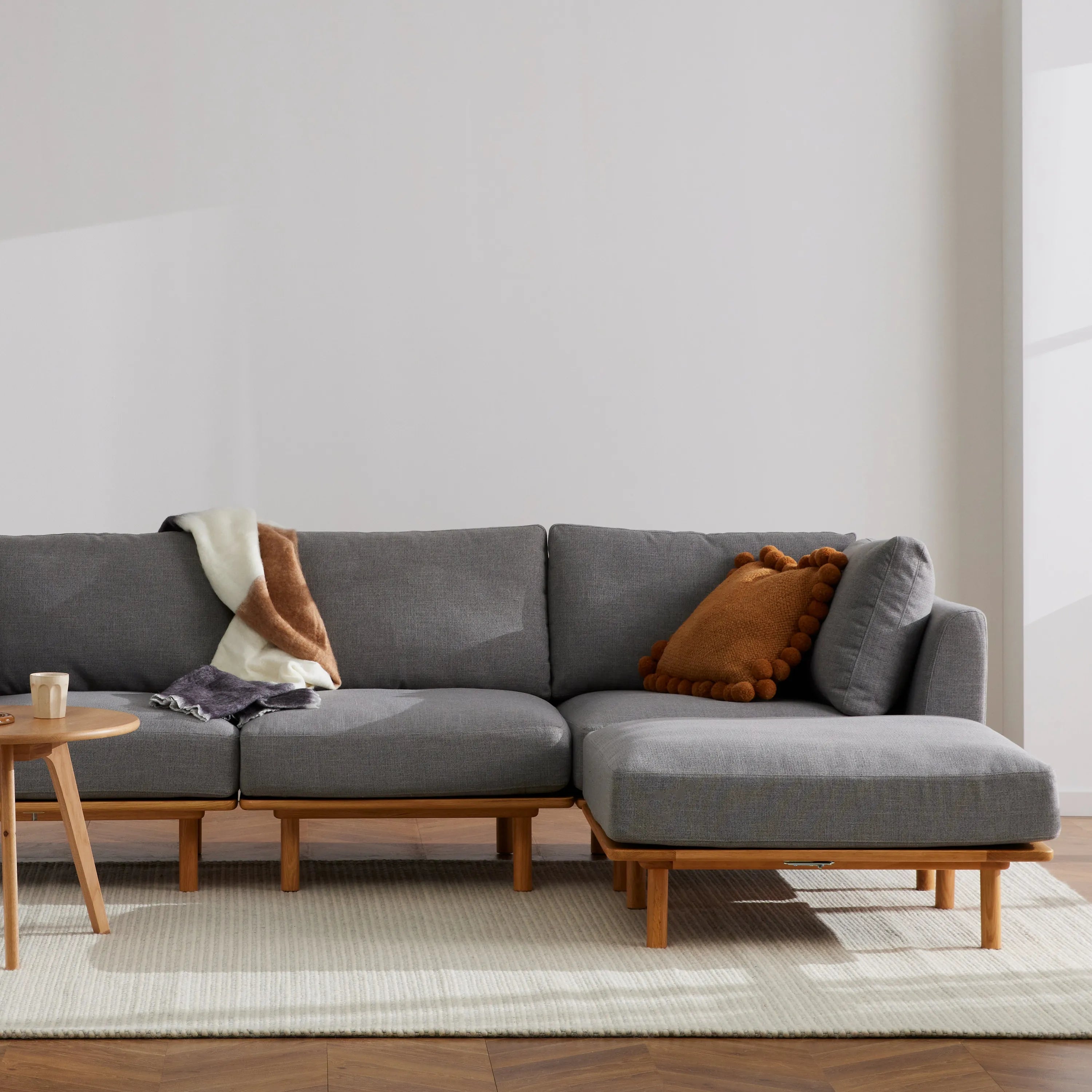 Anika Modular Sofa 4-Seater Chaise Steel Gray Fabric Solid American Oak