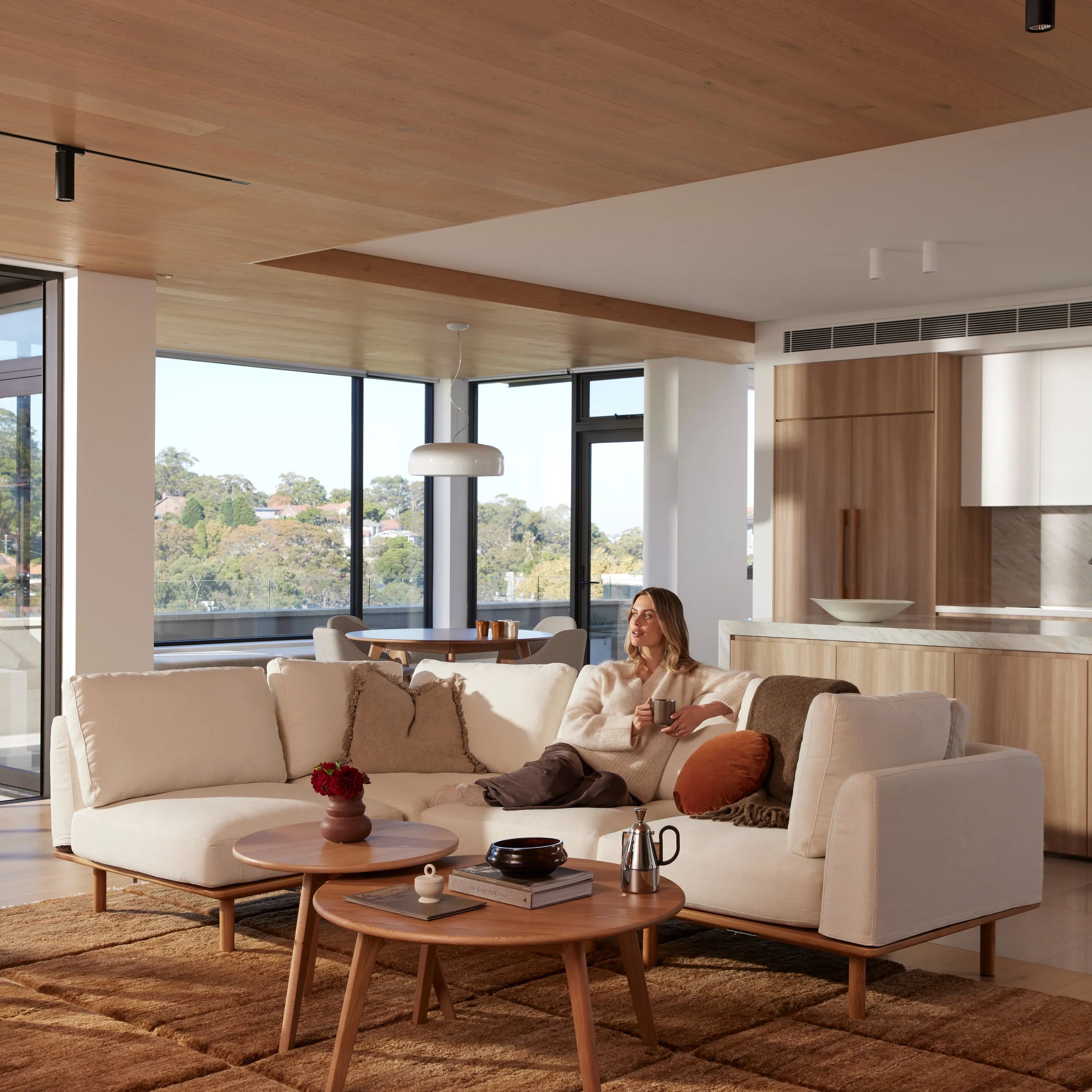 Anika Modular Sofa 4-Seater Corner Bone White Fabric Solid American Oak