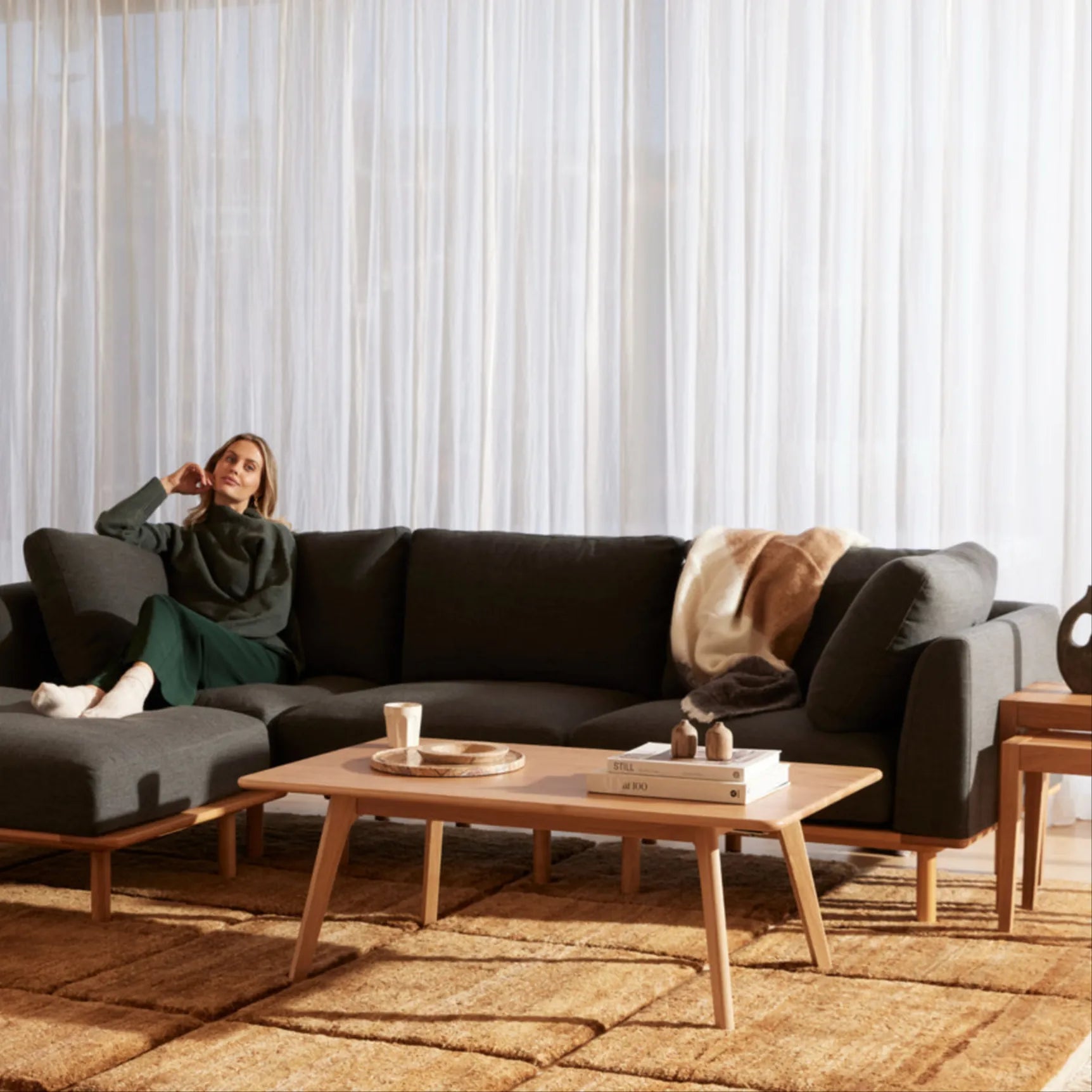 Anika Modular Sofa 4-Seater Corner Coal Gray Fabric Solid American Oak