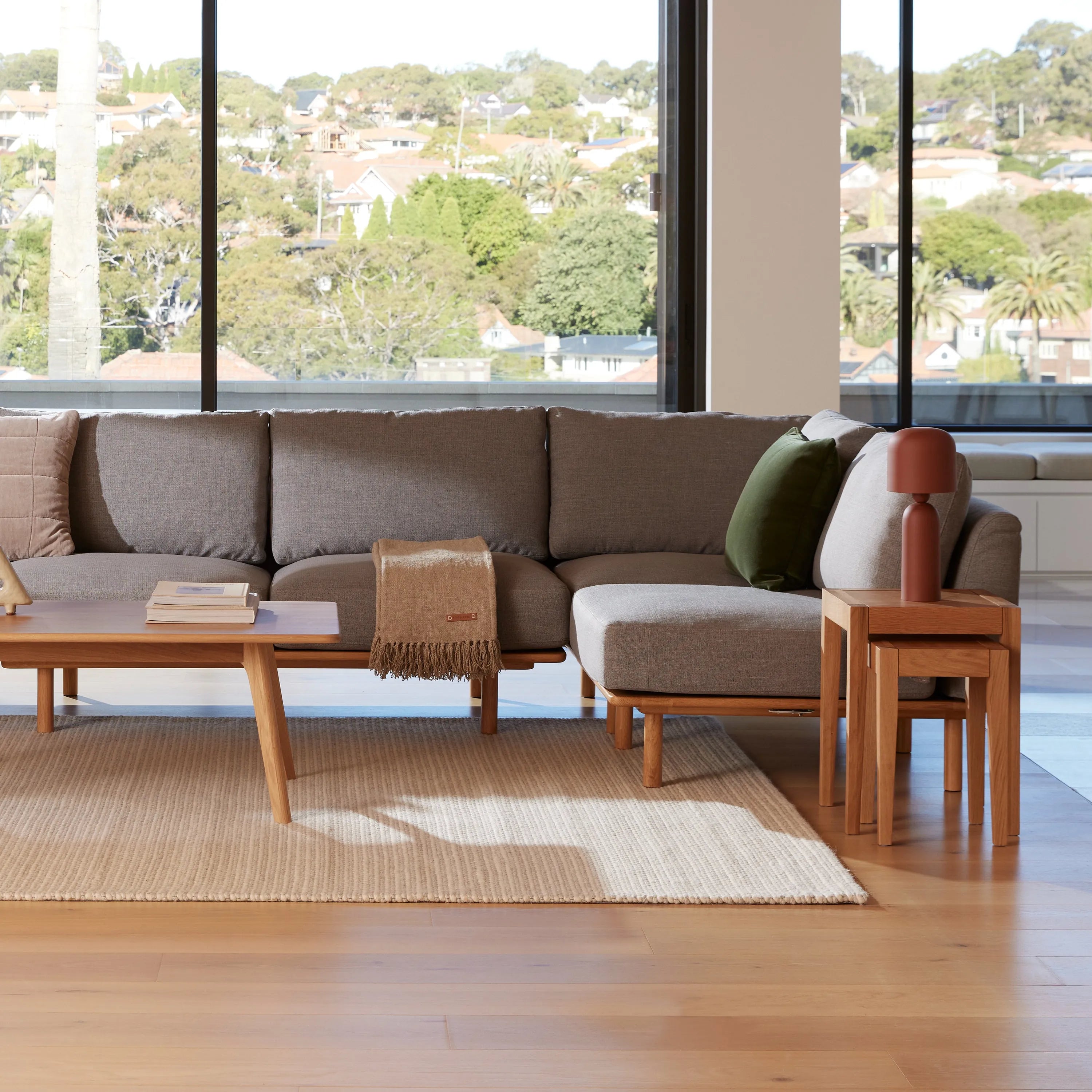 Anika Modular Sofa 4-Seater Corner Steel Gray Fabric Solid American Oak