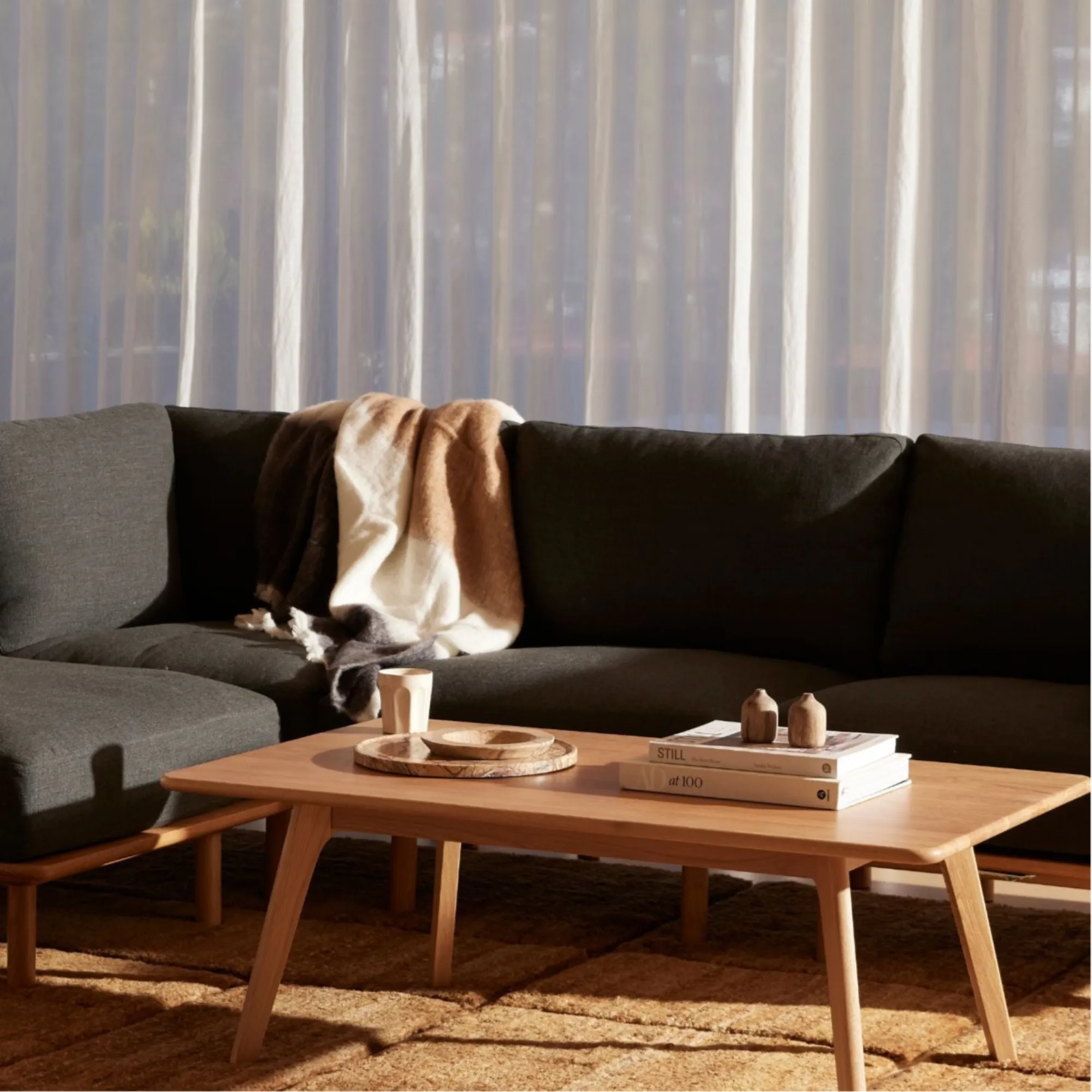 Anika Modular Sofa 5-Seater Corner Coal Gray Fabric Solid American Oak