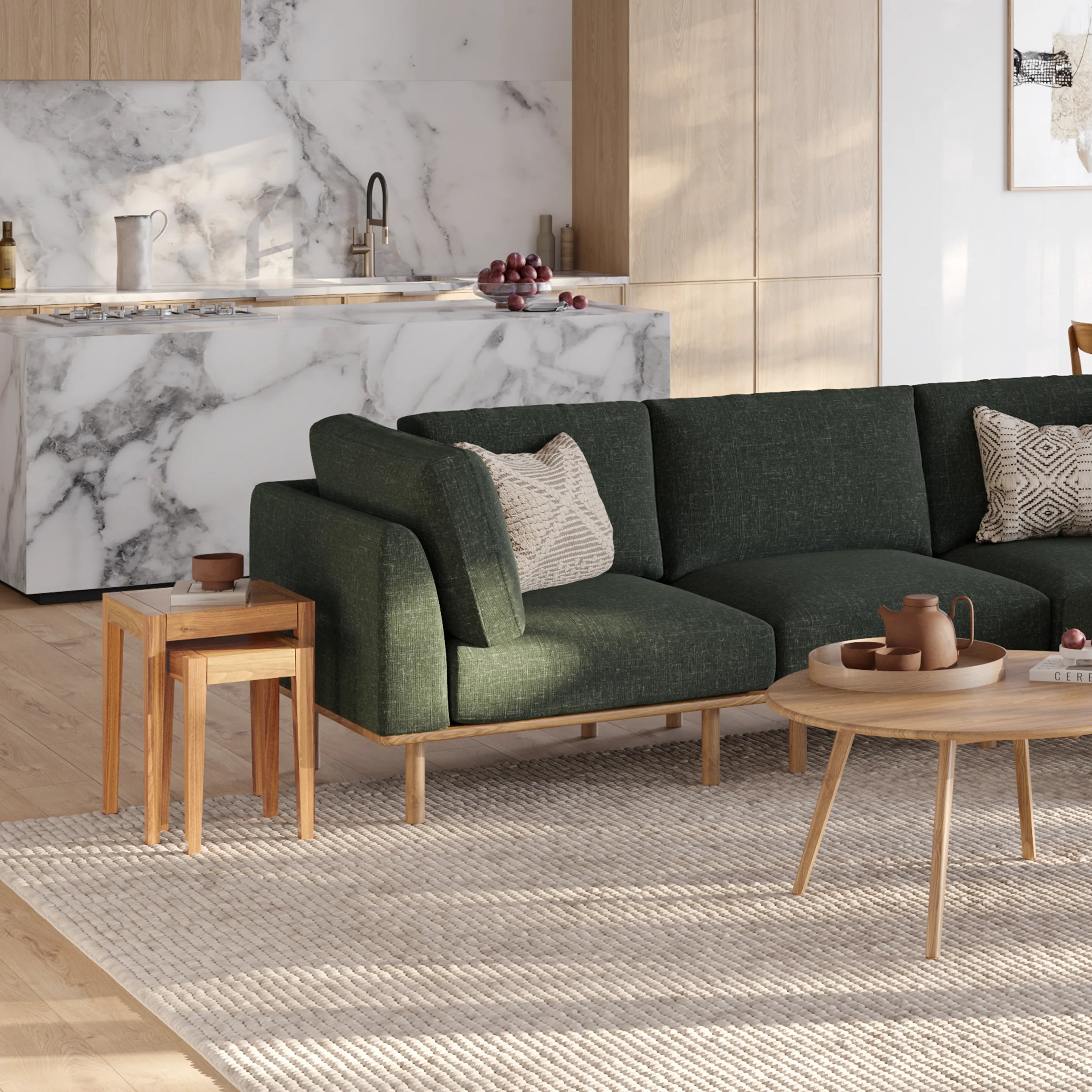 Anika Modular Sofa 6-Seater Corner Chaise Olive Green Fabric Solid American Oak
