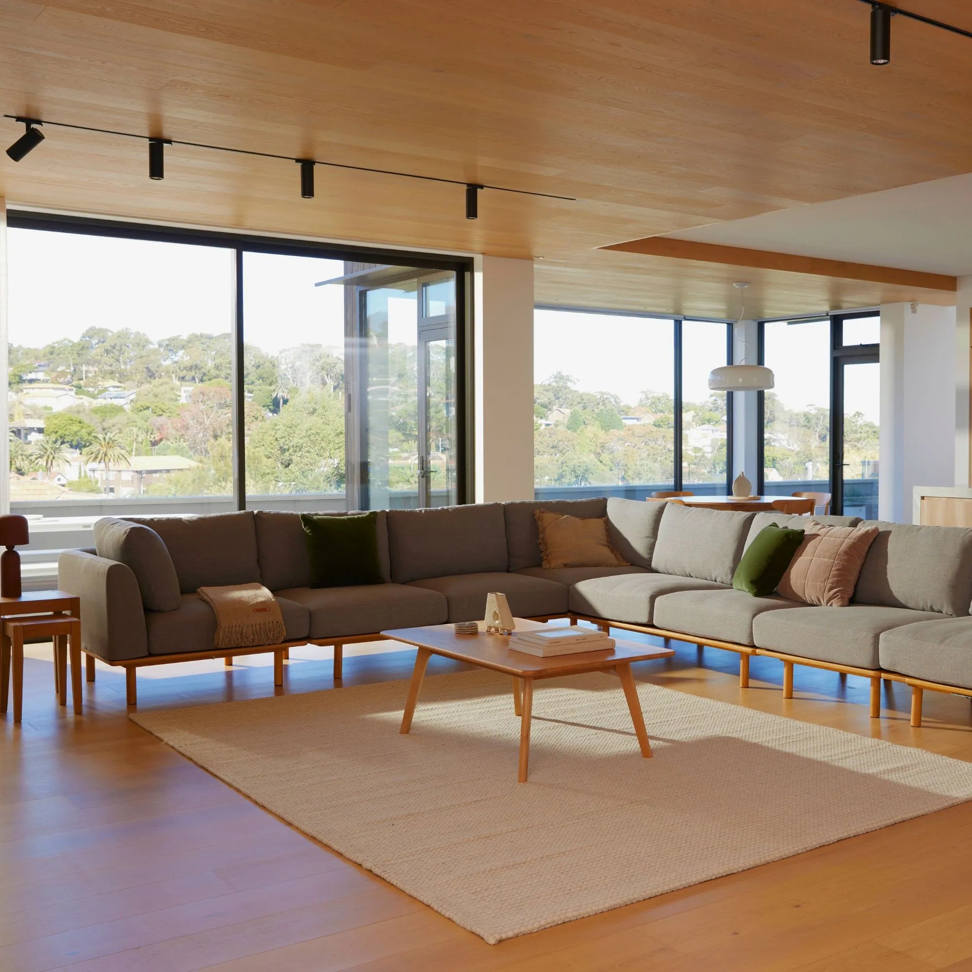 Anika Modular Sofa 6-Seater Corner Chaise Steel Gray Fabric Solid American Oak