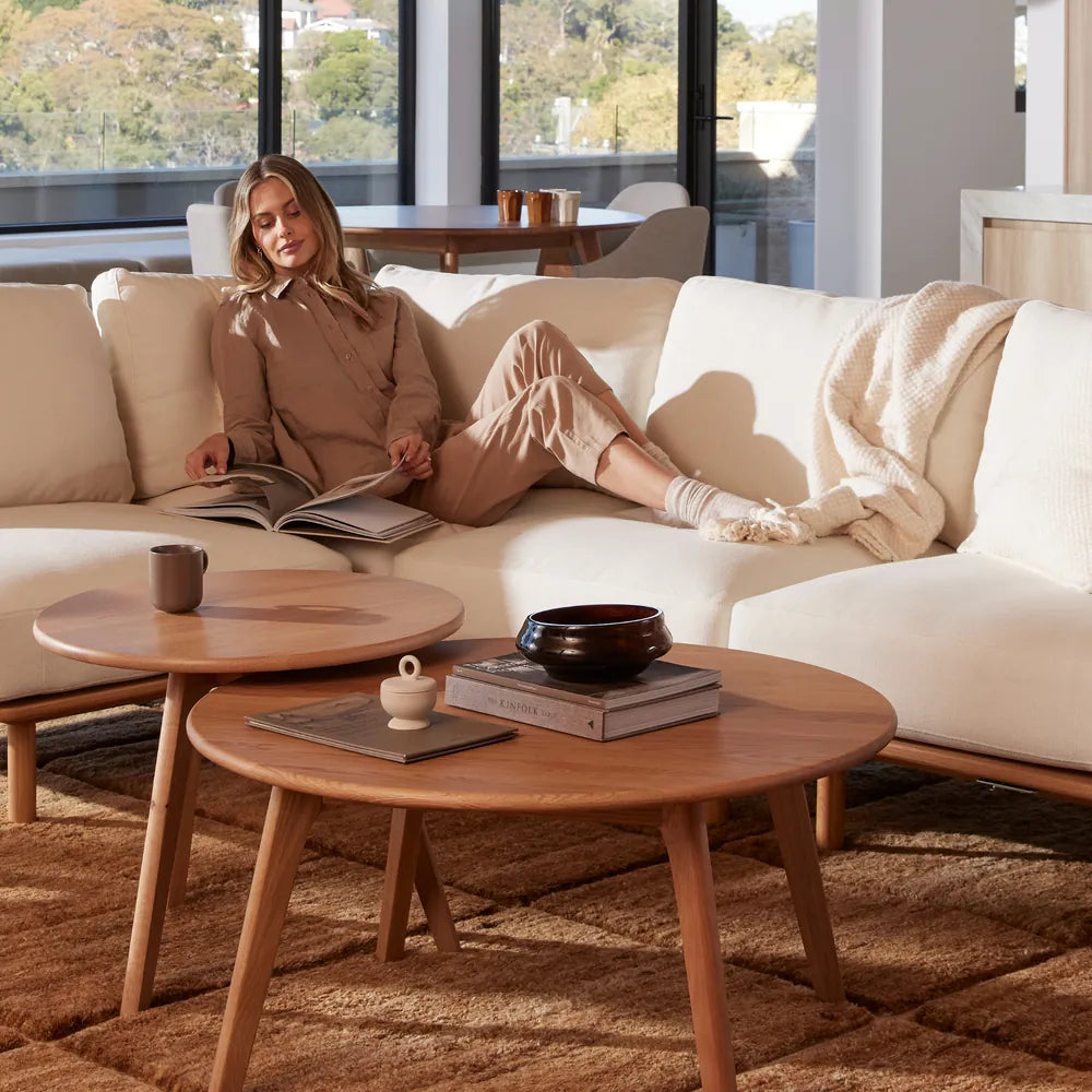 Anika Modular Sofa 6-Seater Corner Bone White Fabric Solid American Oak