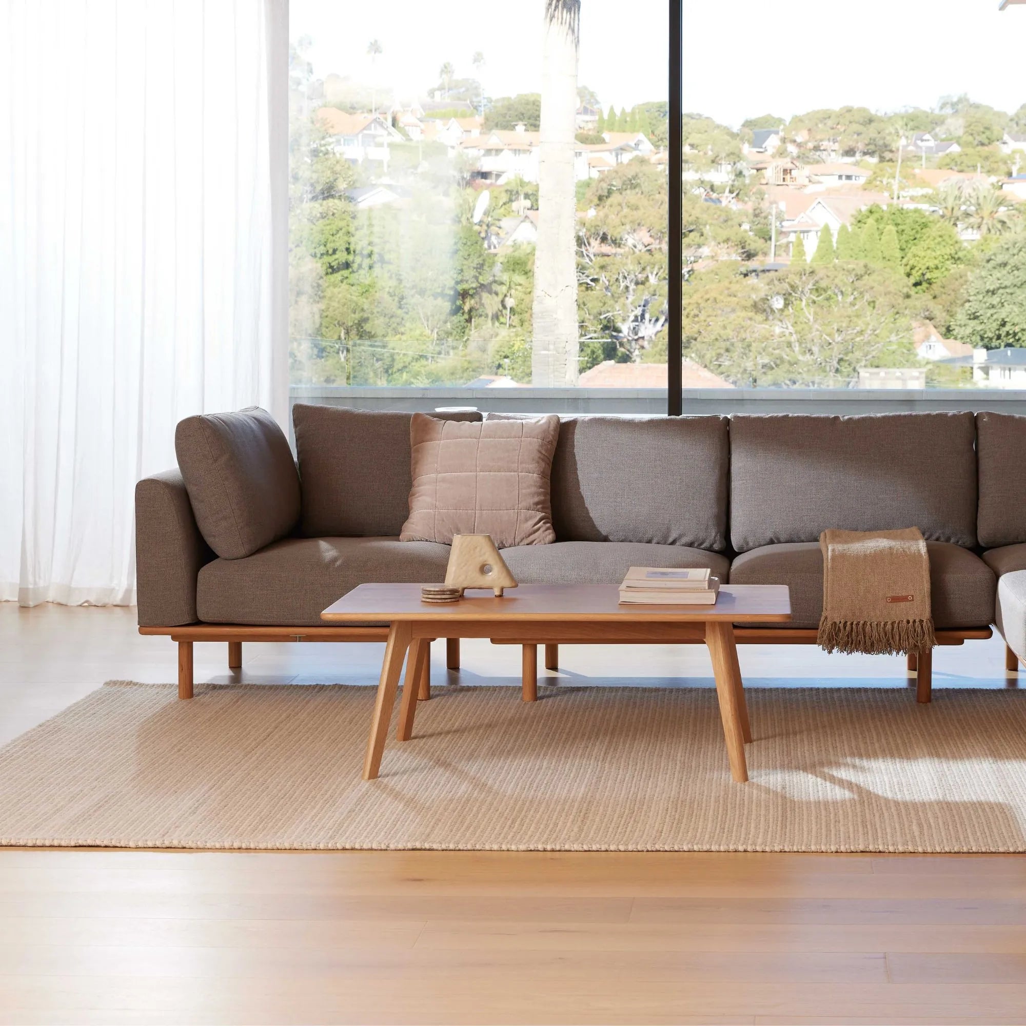 Anika Modular Sofa 6-Seater Corner Steel Gray Fabric Solid American Oak