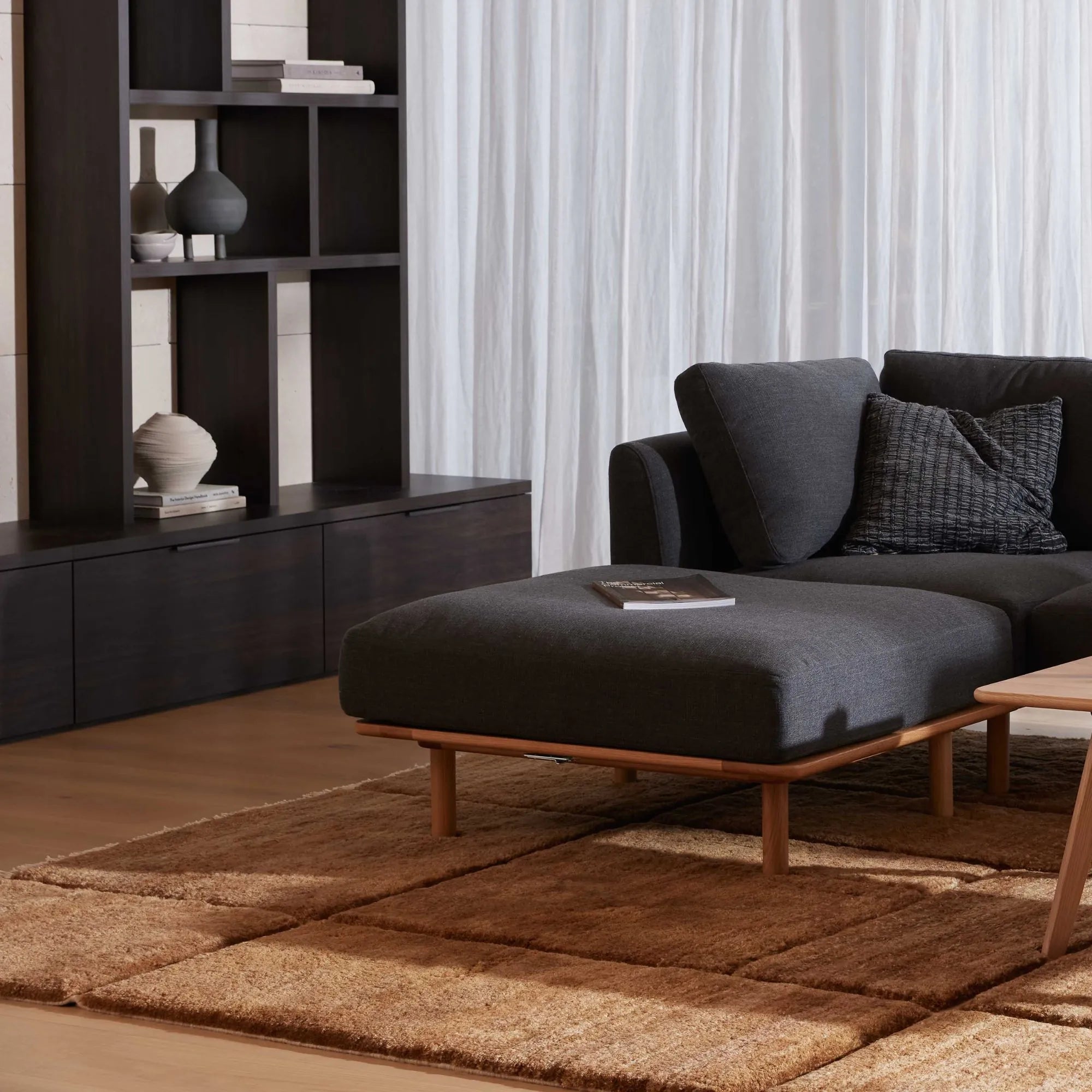 Anika Ottoman Coal Gray Fabric Solid American Oak