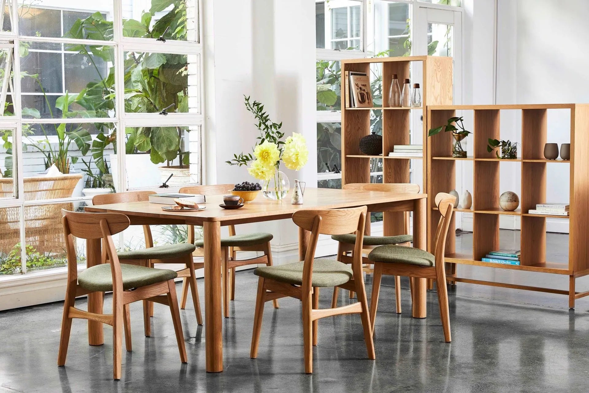 Magnus Dining Chair Sage Green Fabric Solid American Oak