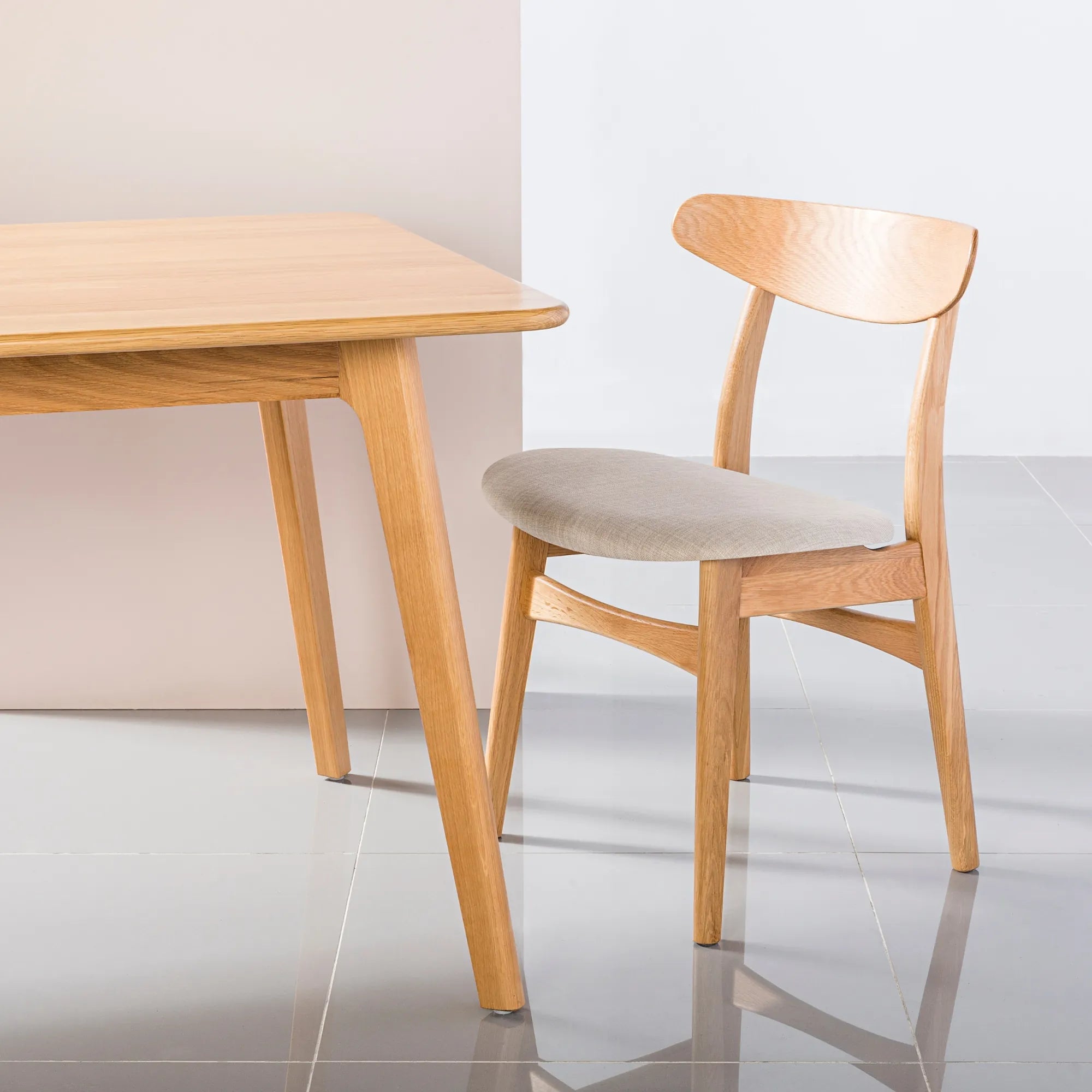 Magnus Dining Chair Oatmeal Beige Fabric Solid American Oak