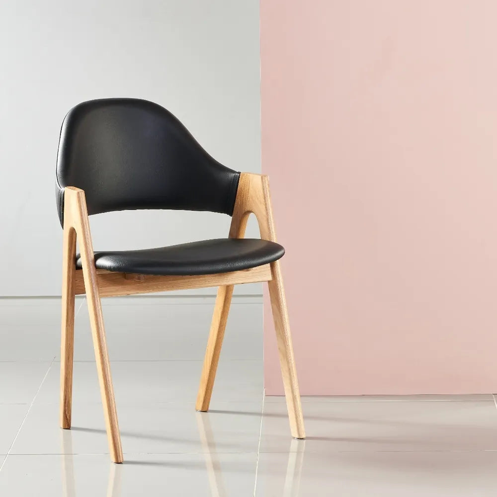Nestor Dining Chair Black Leather Solid American Oak