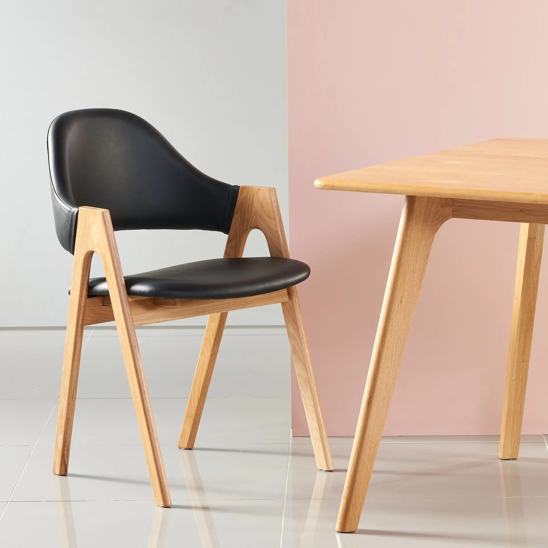 Nestor Dining Chair Black Leather Solid American Oak