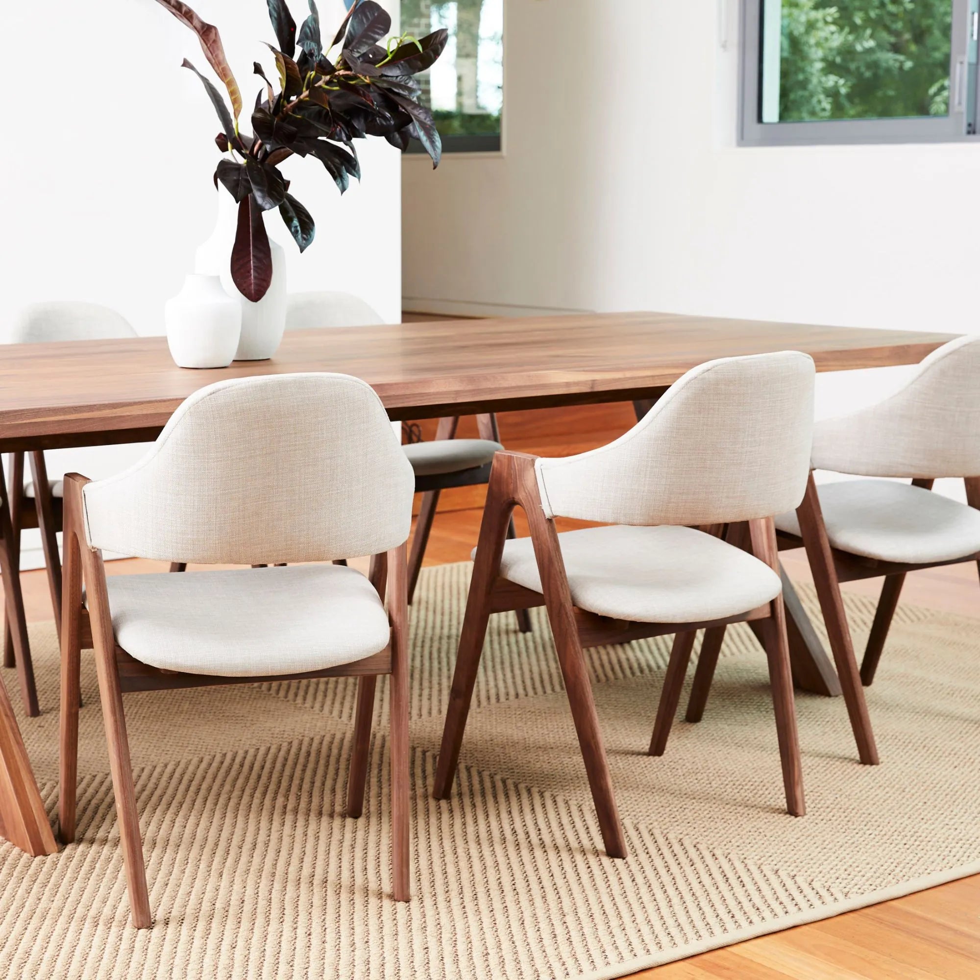 Nestor Dining Chair Oatmeal Beige Fabric Solid American Walnut