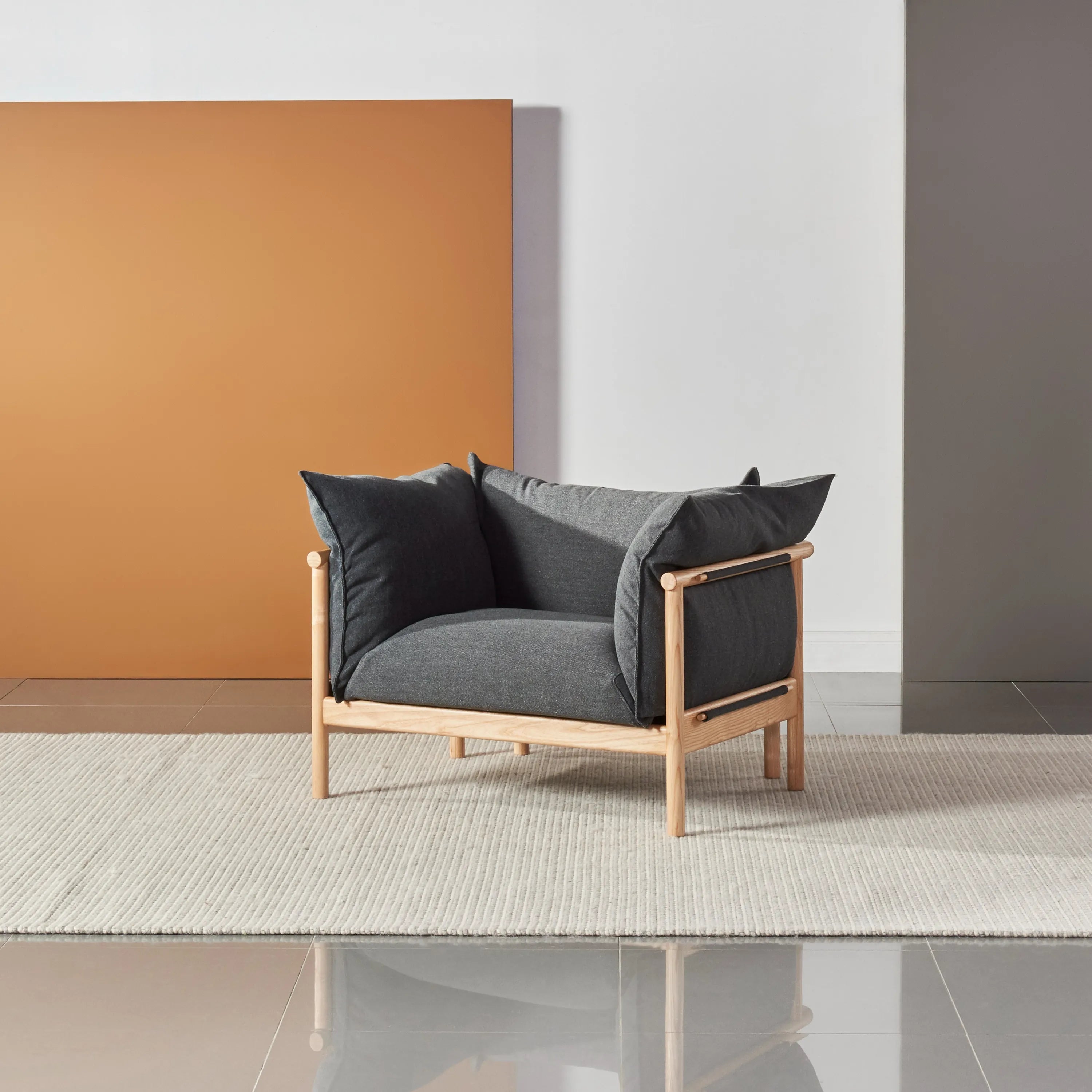 Olivia Armchair Granite Gray Fabric Solid American Oak