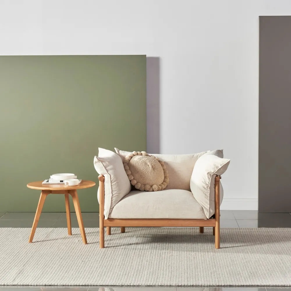 Olivia Armchair Sand Beige Velvet Solid American Oak