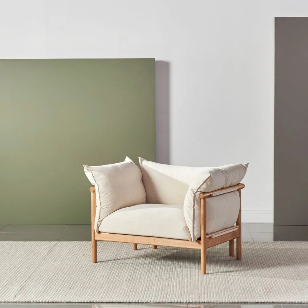 Olivia Armchair Sand Beige Velvet Solid American Oak