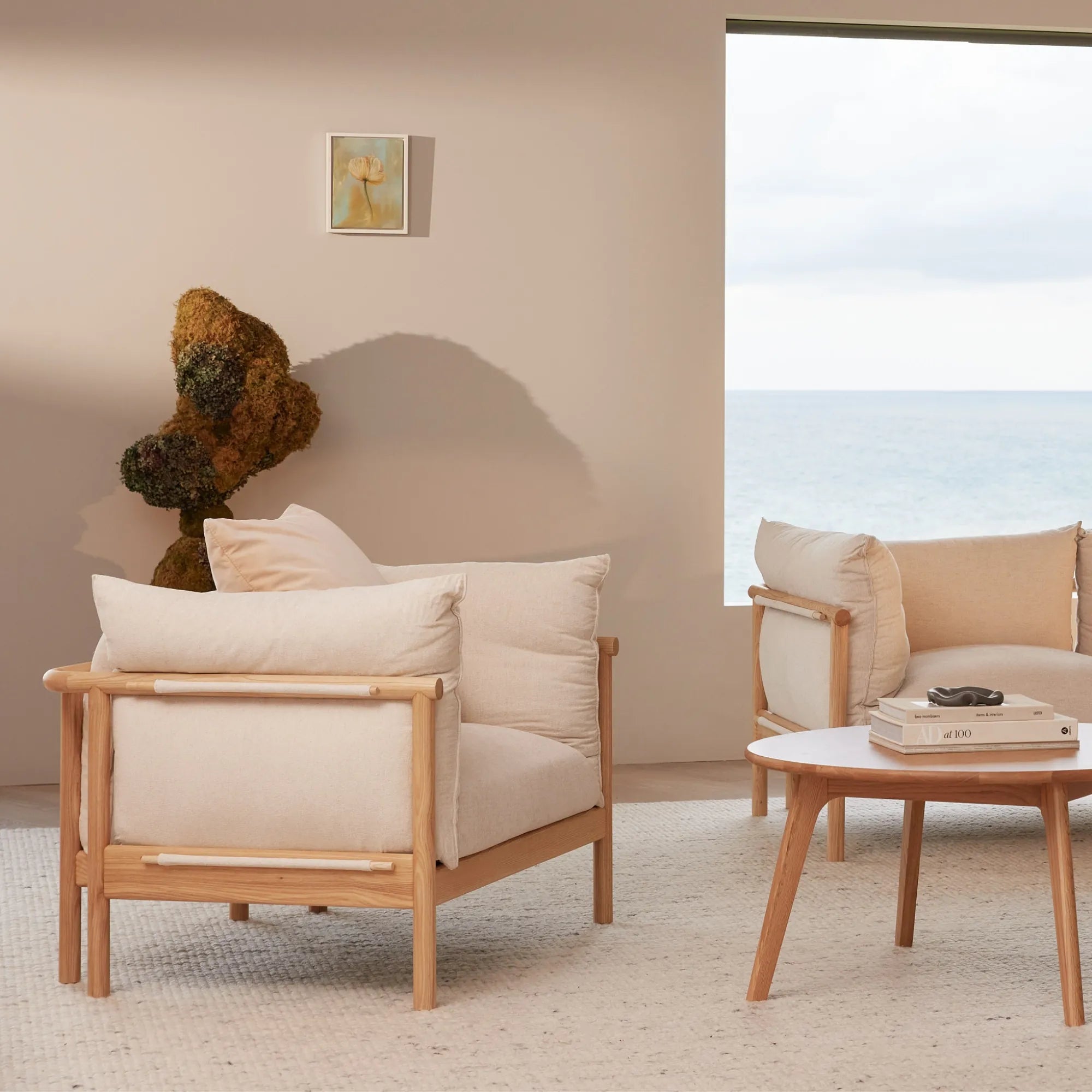 Olivia Armchair Sand Beige Velvet Solid American Oak