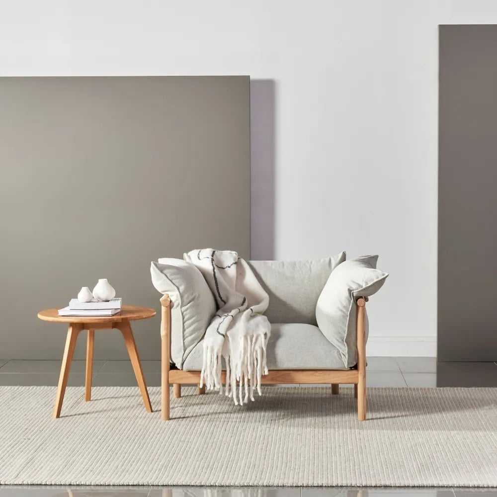 Olivia Armchair Soft Gray Fabric Solid American Oak