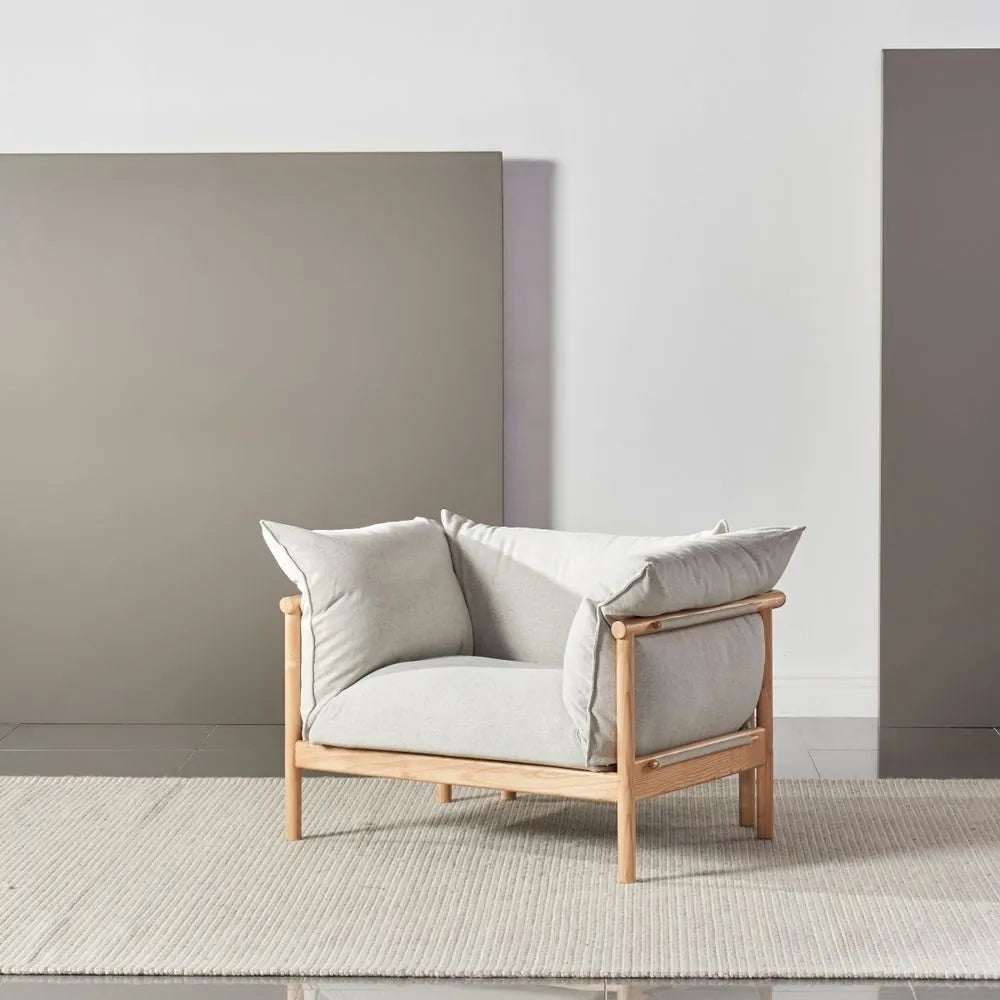 Olivia Armchair Soft Gray Fabric Solid American Oak