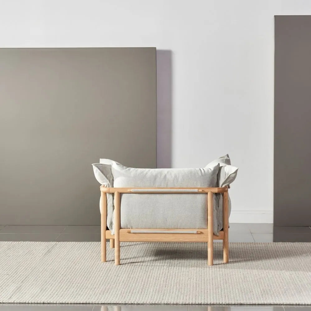 Olivia Armchair Soft Gray Fabric Solid American Oak