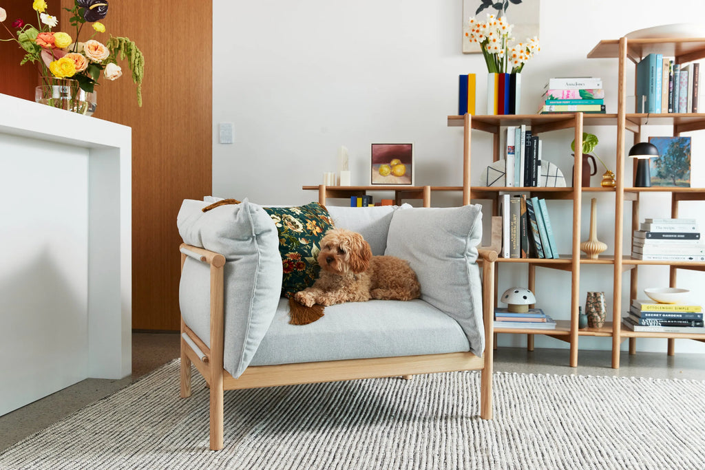 Olivia Armchair Soft Gray Fabric Solid American Oak