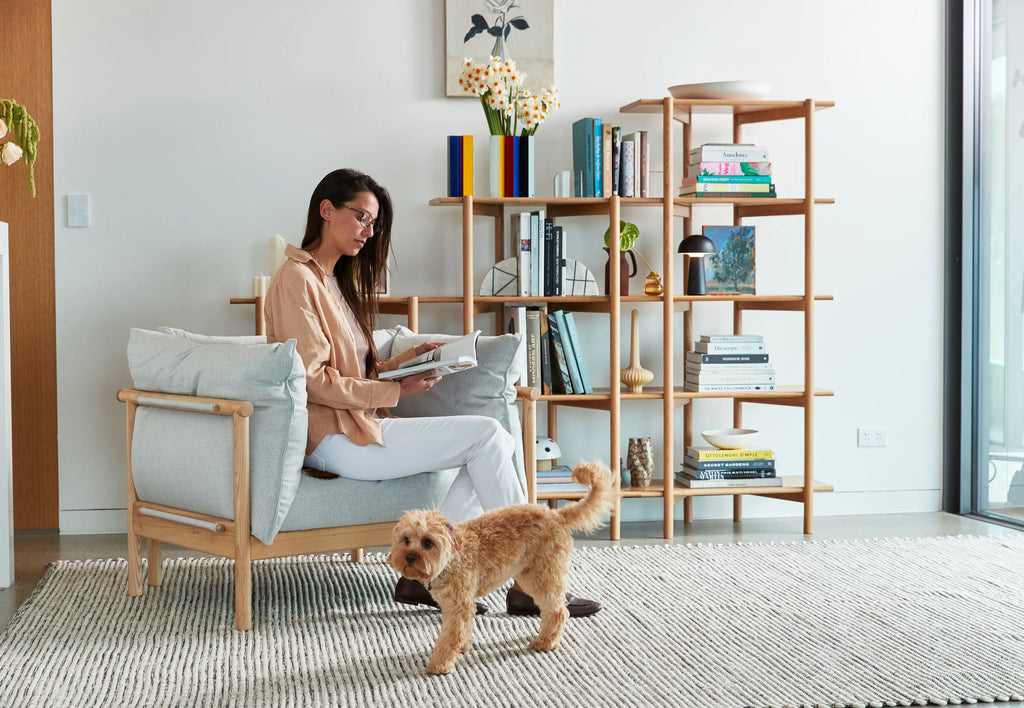 Olivia Armchair Soft Gray Fabric Solid American Oak