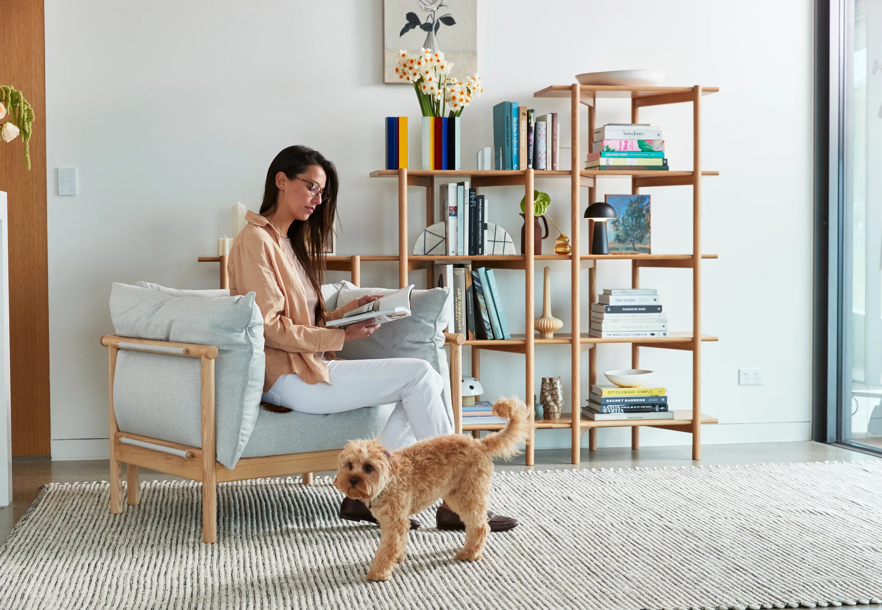 Olivia Armchair Soft Gray Fabric Solid American Oak