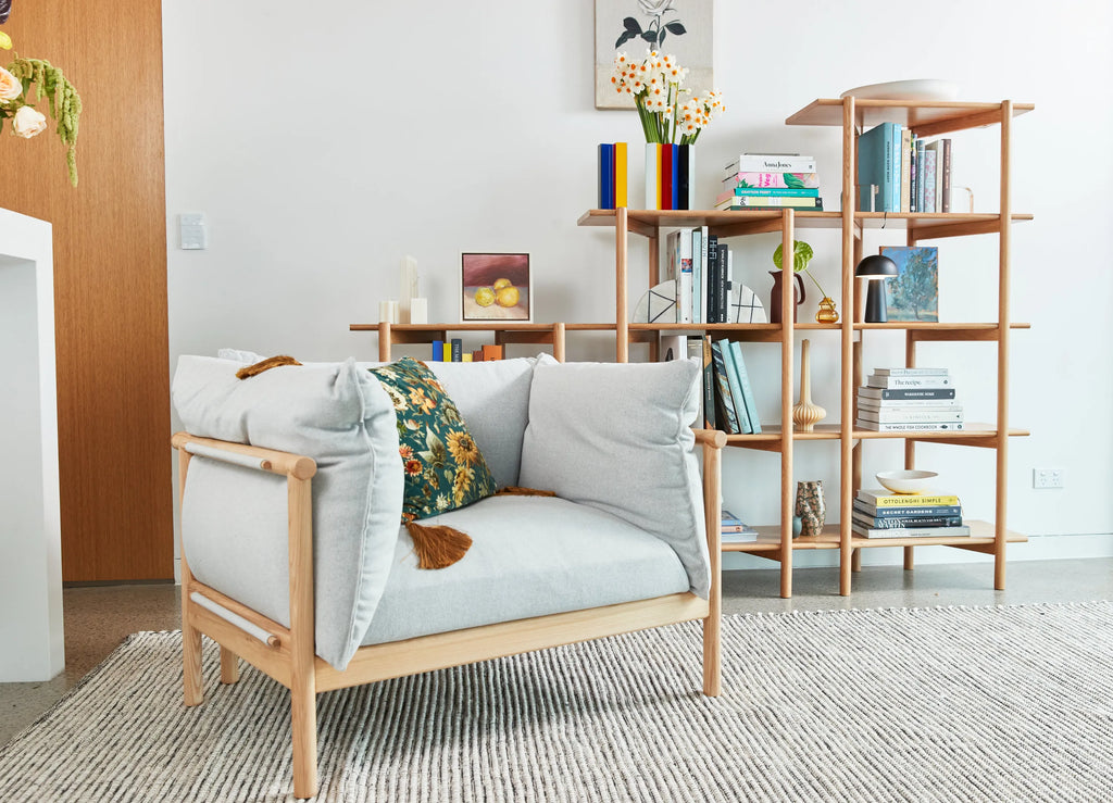 Olivia Armchair Soft Gray Fabric Solid American Oak