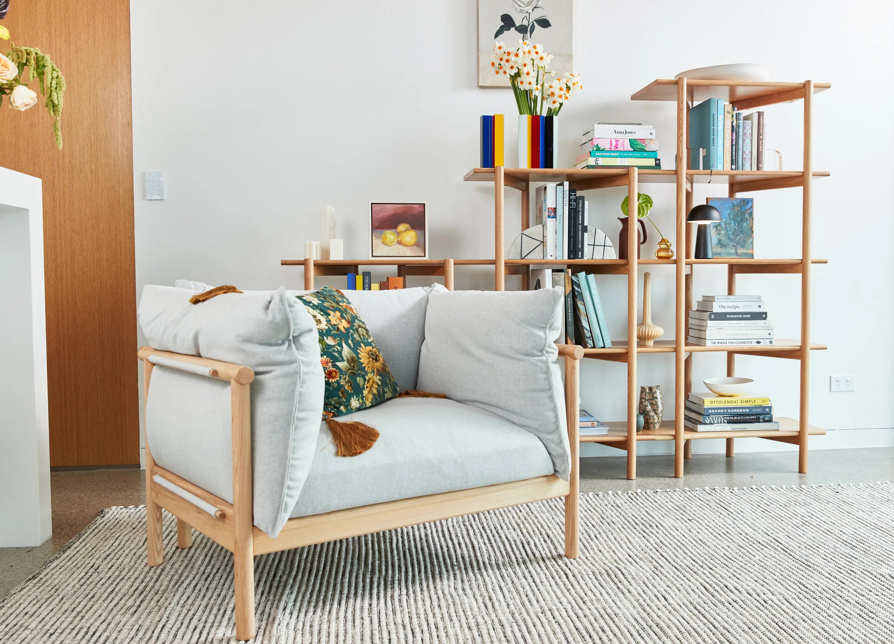 Olivia Armchair Soft Gray Fabric Solid American Oak