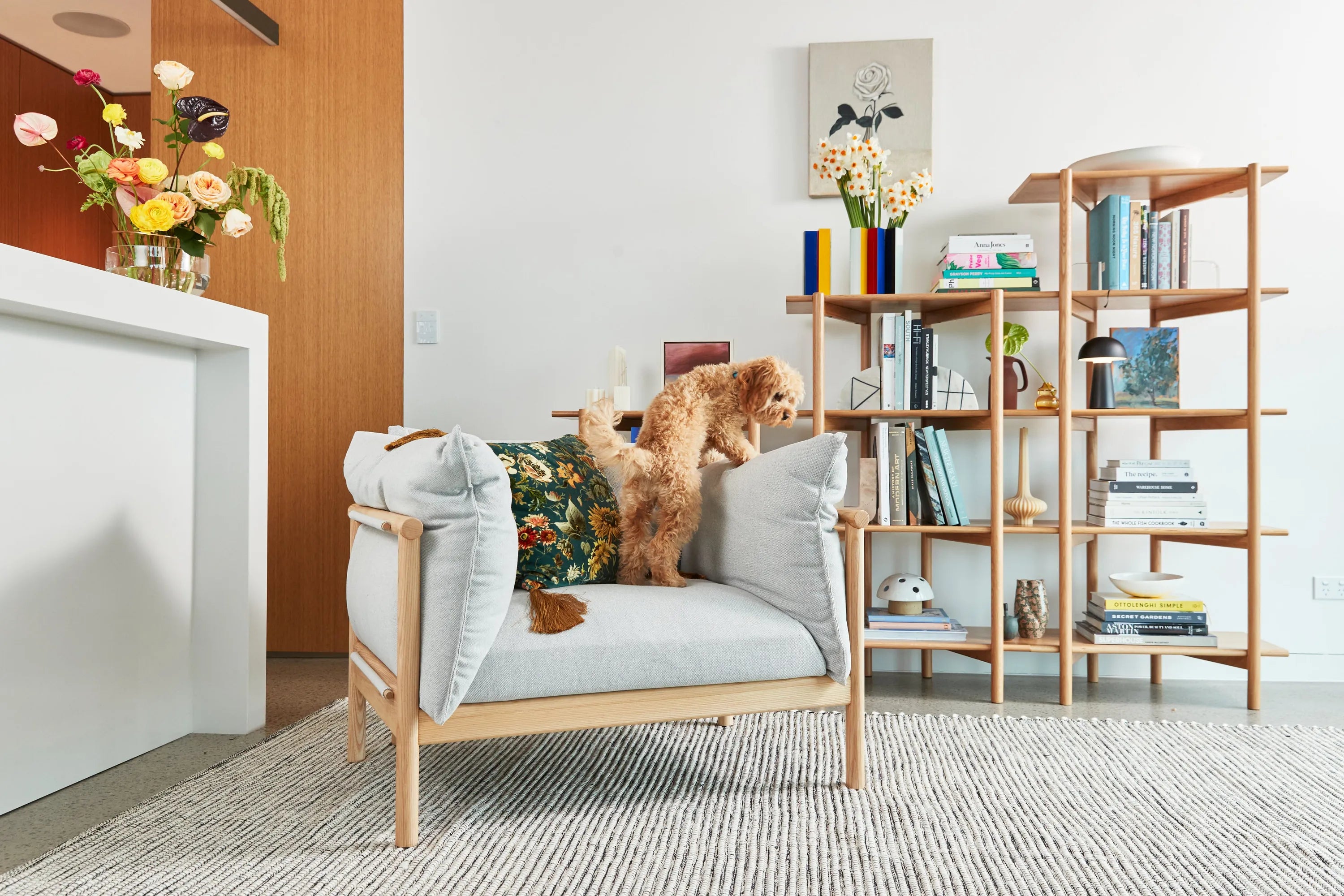 Olivia Armchair Soft Gray Fabric Solid American Oak